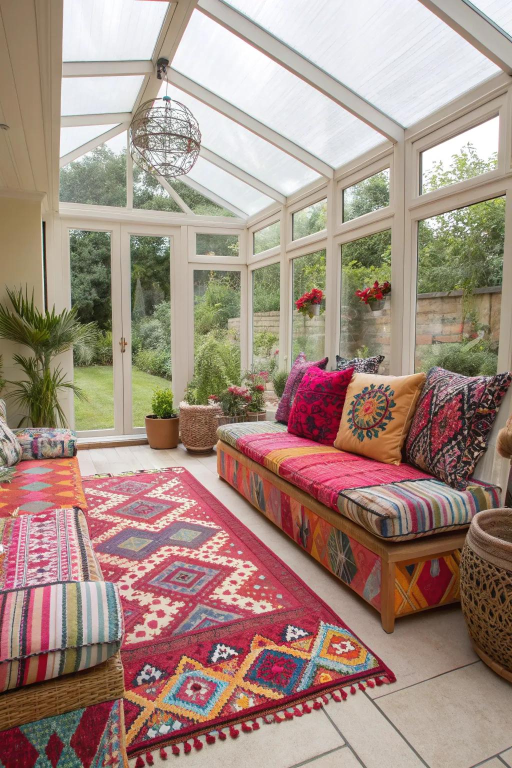 A conservatory with bold patterns that add a vibrant touch.