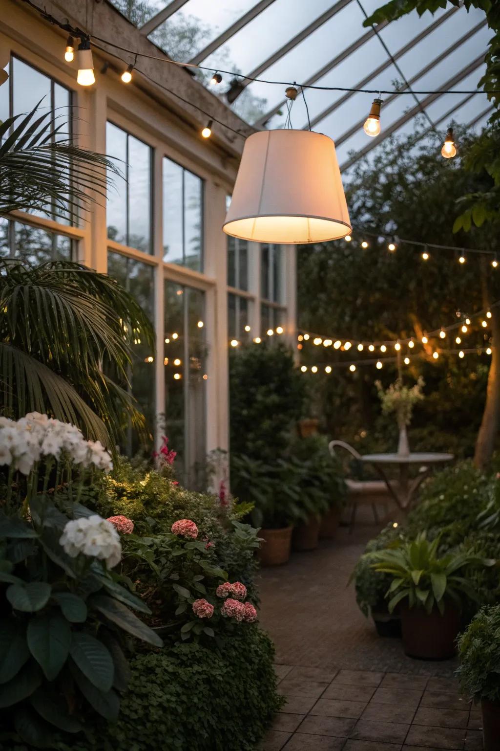 Ambient lighting creates a warm and inviting atmosphere in this conservatory.