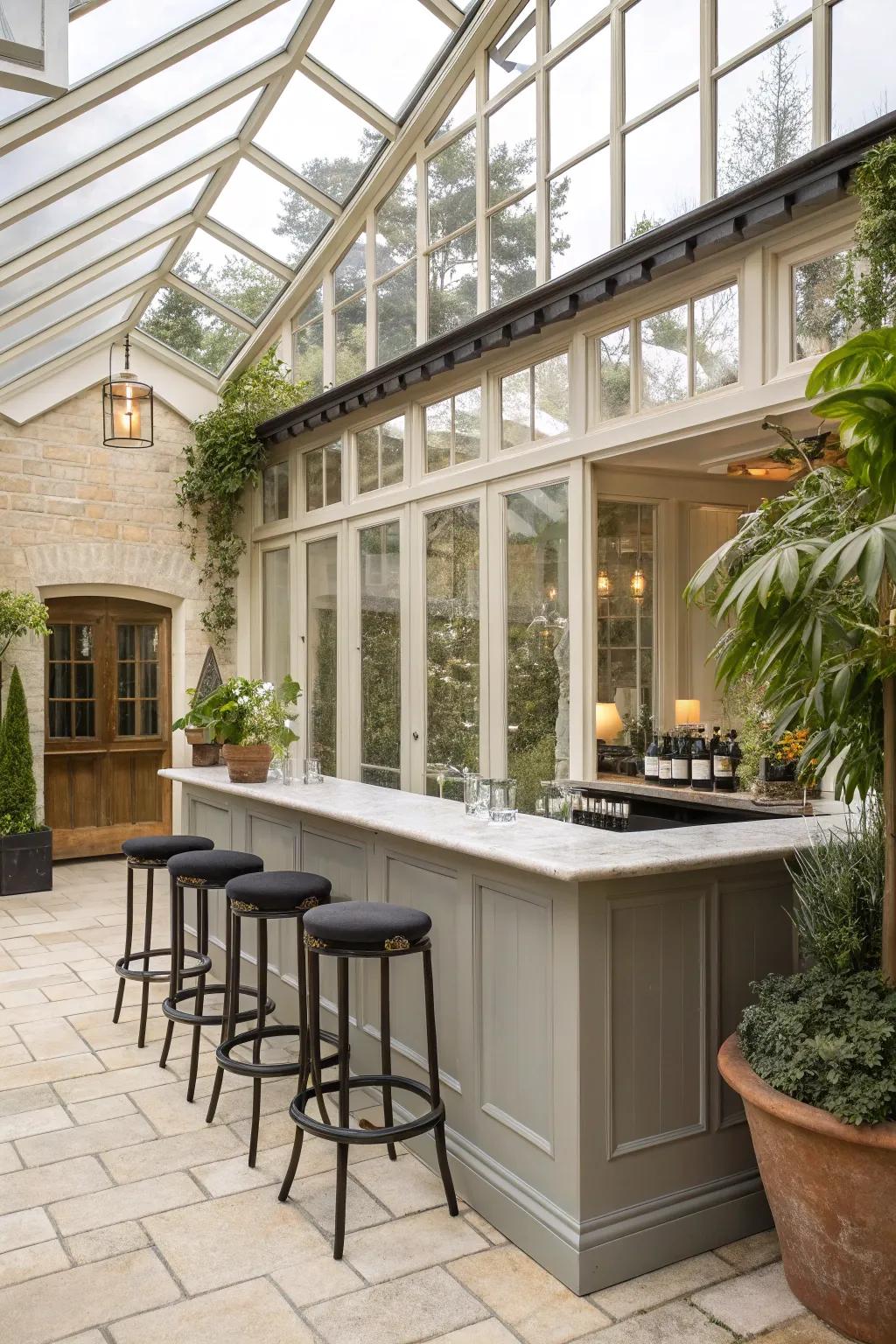 A stylish bar area in a conservatory, ideal for entertaining.