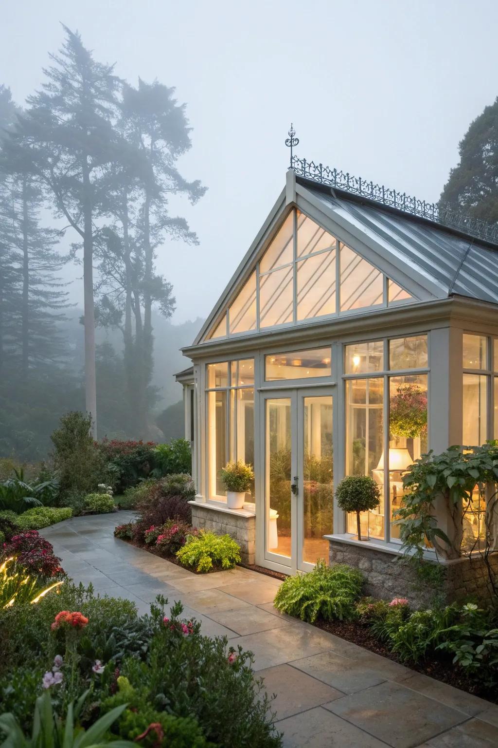 A conservatory with a unique shape and a striking gabled roof.