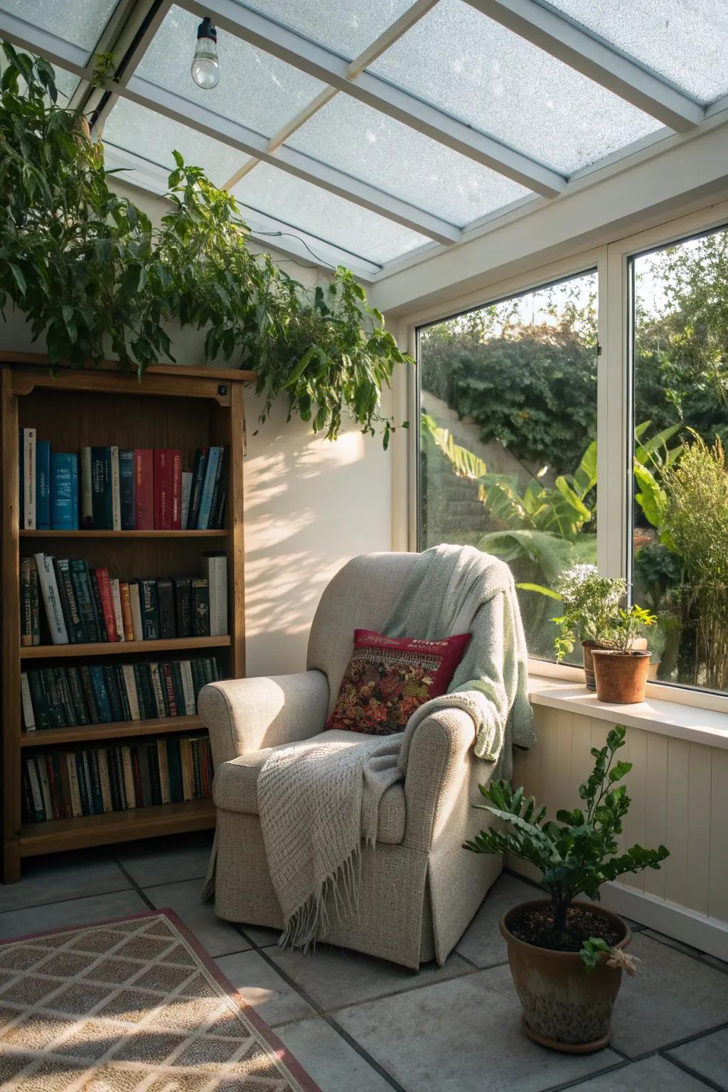 A cozy reading nook in a conservatory, perfect for relaxation.