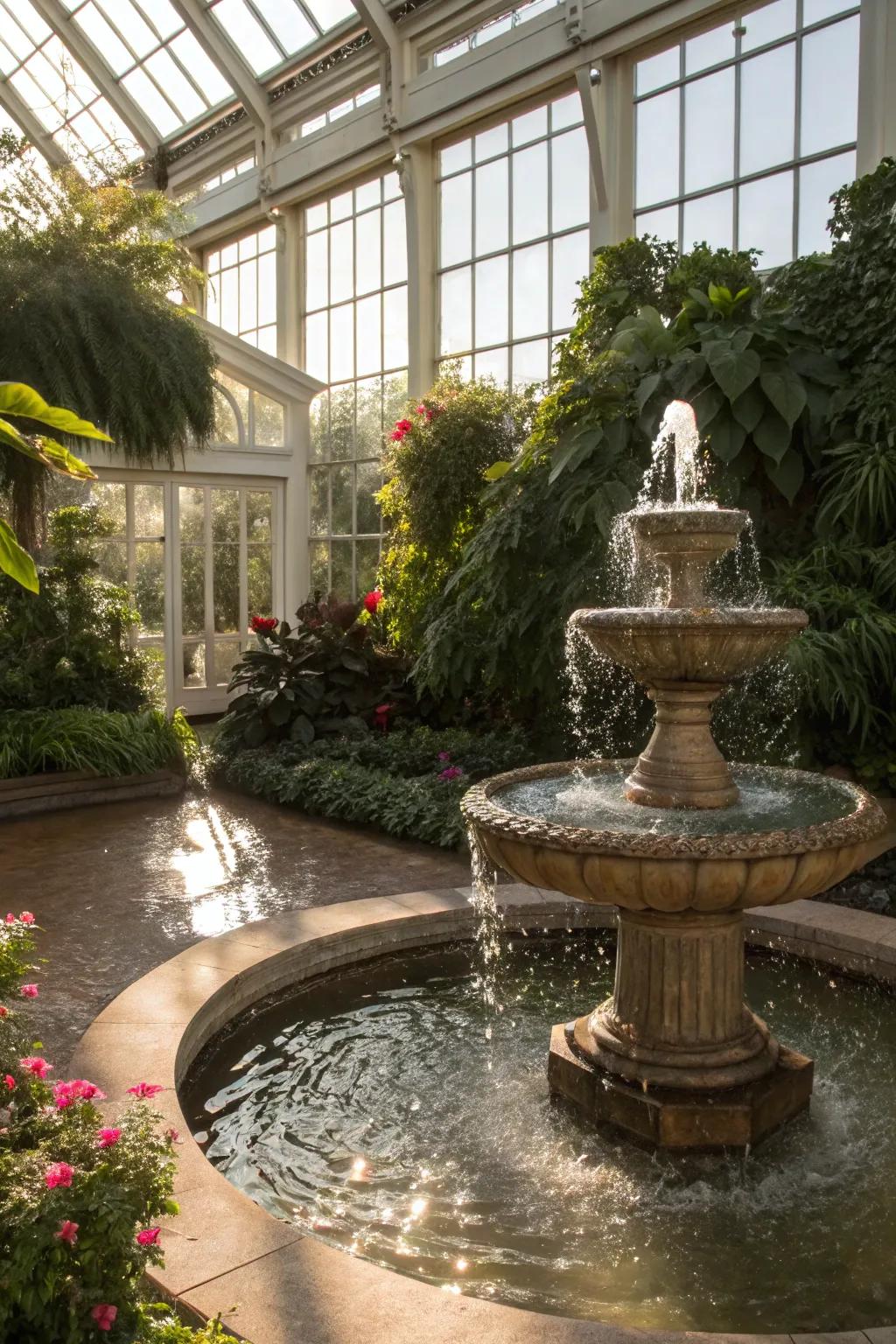 An elegant water feature adds tranquility to this conservatory.