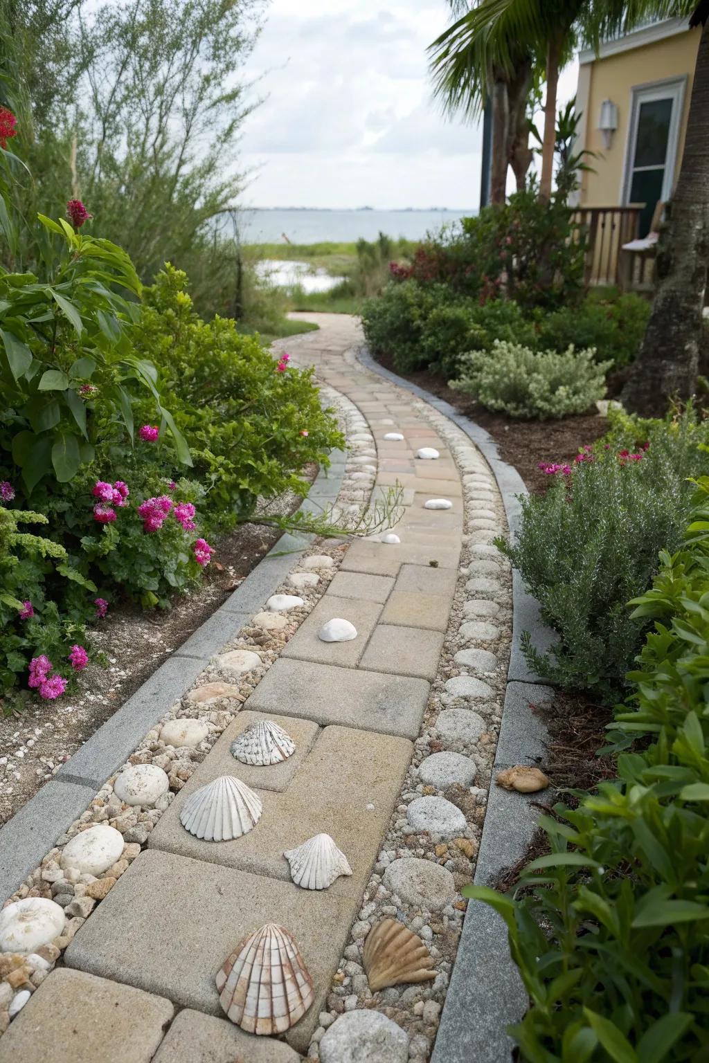 Shellstone pavers evoke a serene, coastal atmosphere.