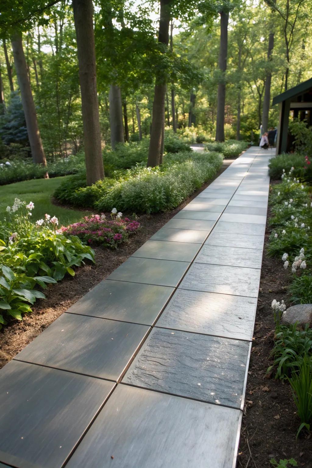 Metal pavers offer a modern, industrial touch to pathways.