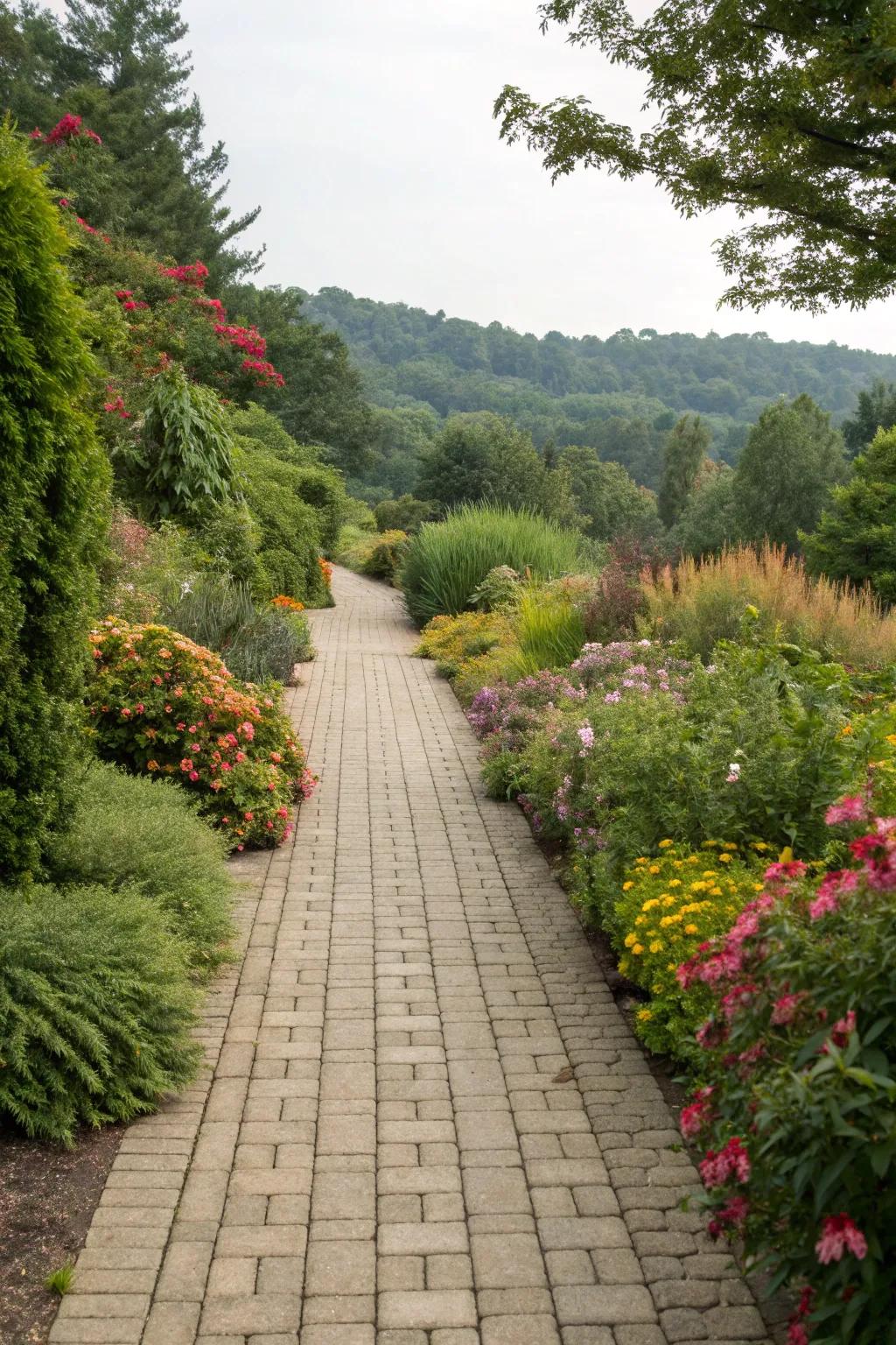 Integrate greenery for a harmonious garden walkway.