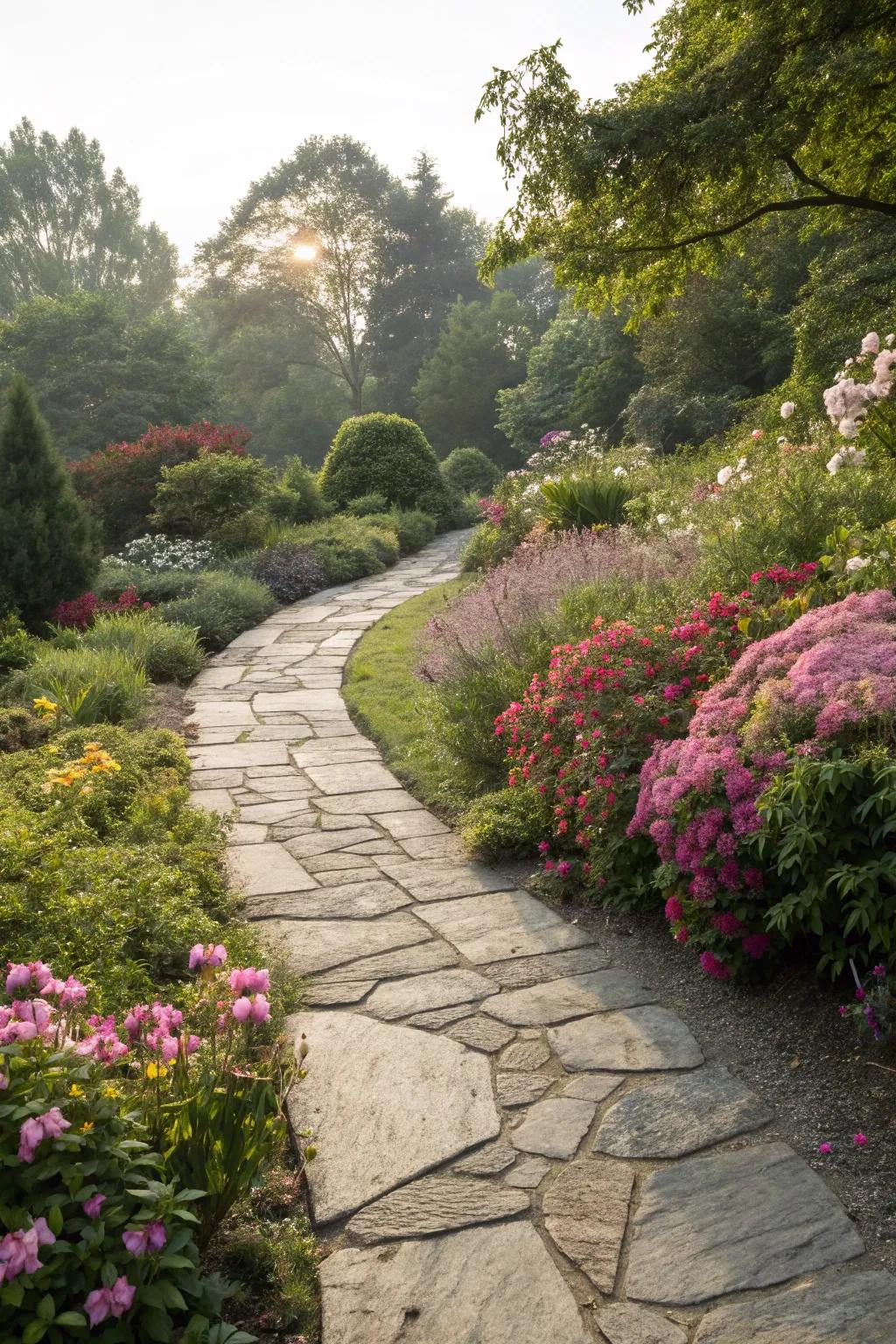 Natural stone pavers create a rustic and charming walkway.