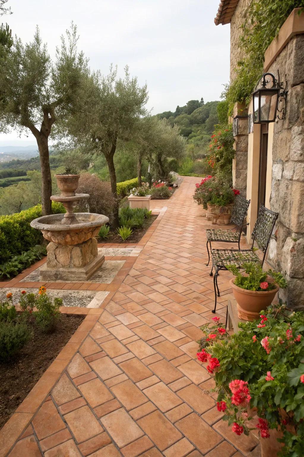 Terracotta pavers add cozy warmth to garden paths.