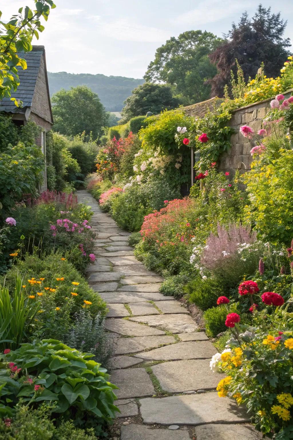 A rustic pathway winding through a colorful garden.