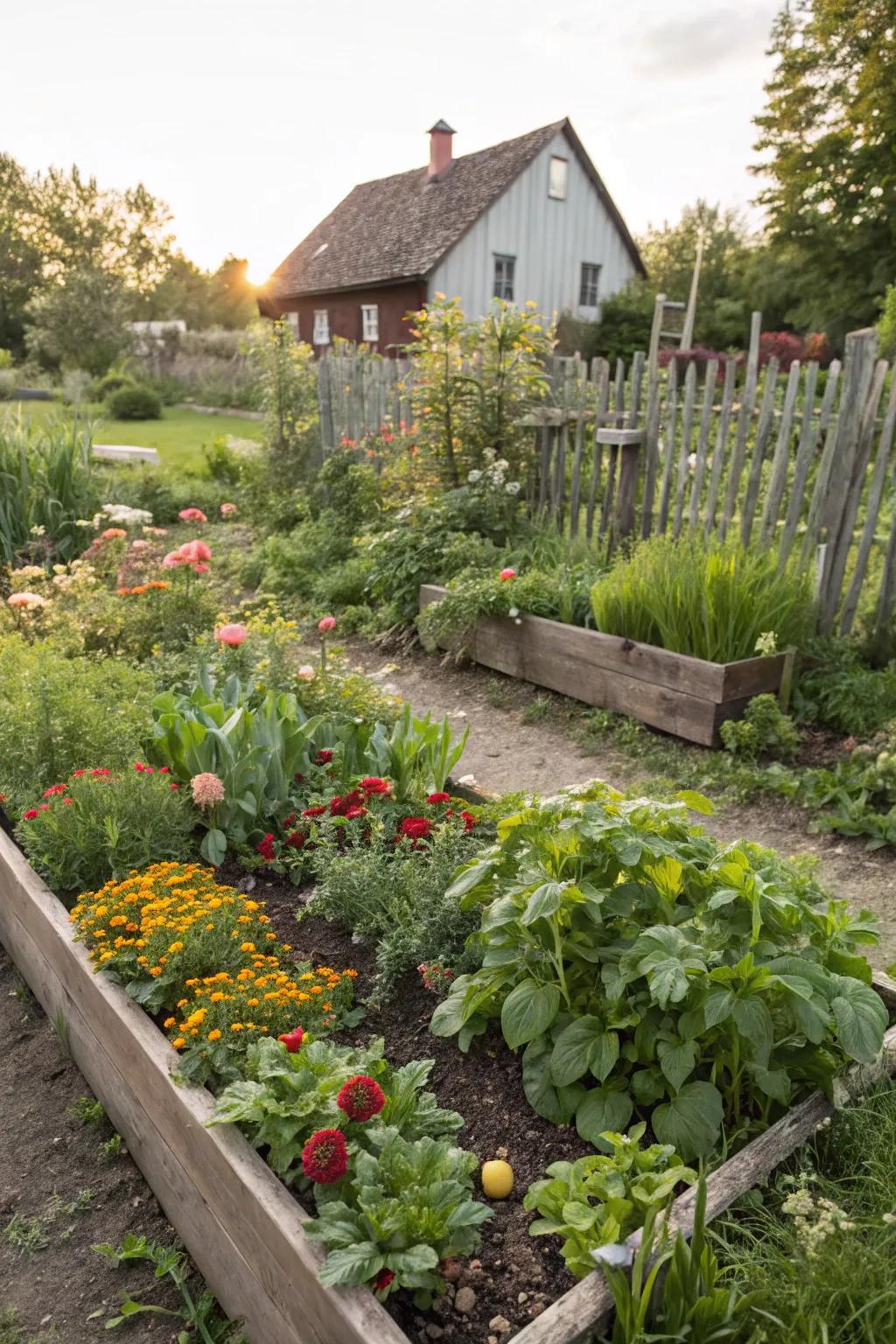 A vibrant mix of flowers, herbs, and vegetables.