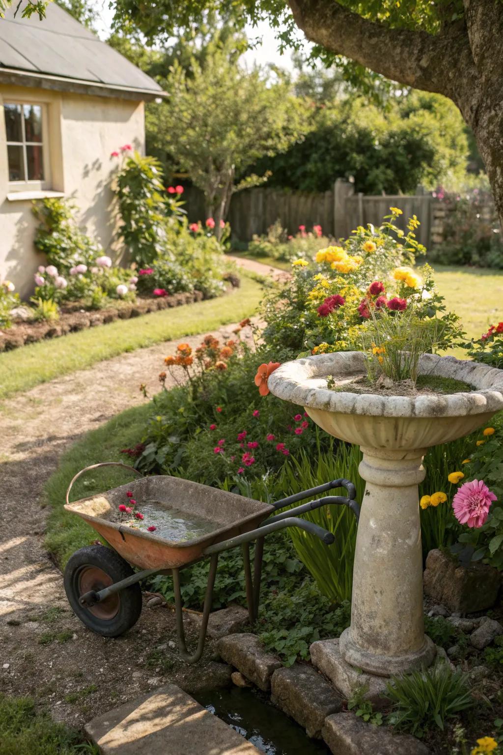 Charming garden accessories adding personality.