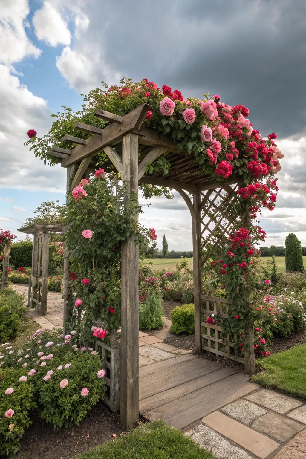 An enchanting archway adorned with climbing roses.