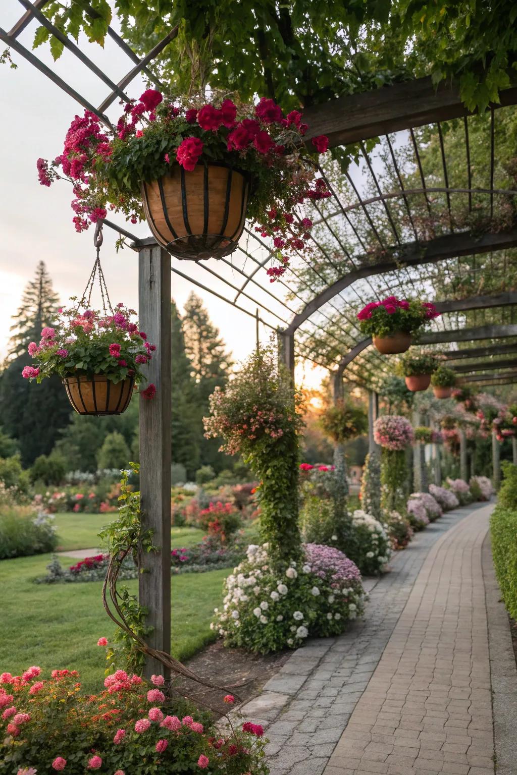 Vertical gardening with trellises and baskets.