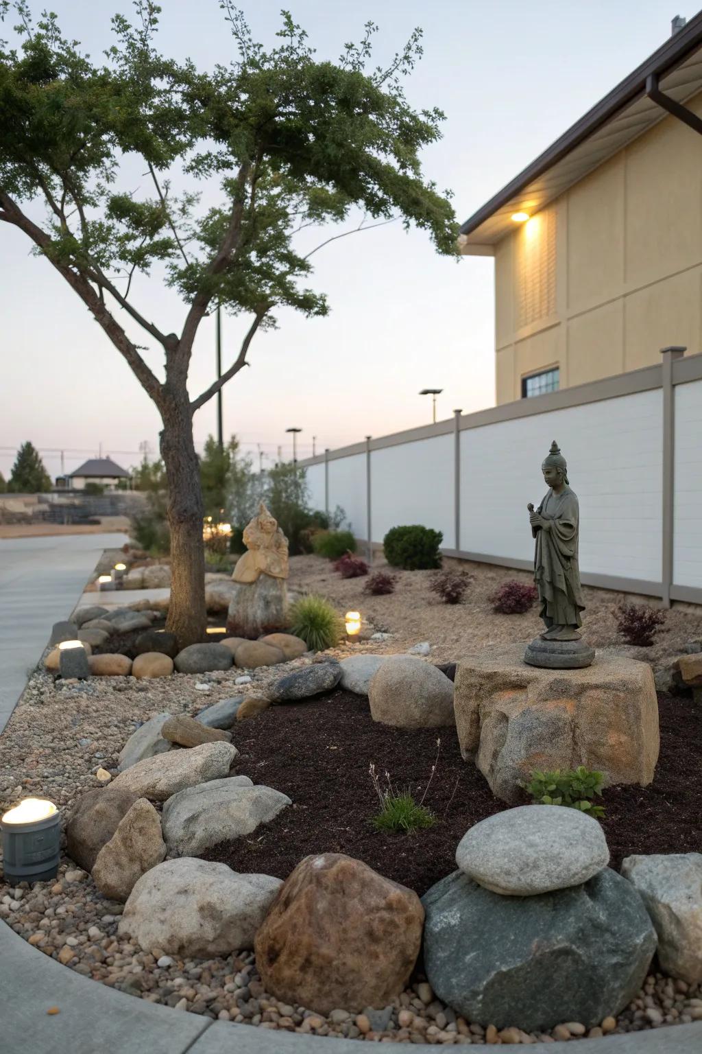 Create a focal point with decorative rocks and statues.