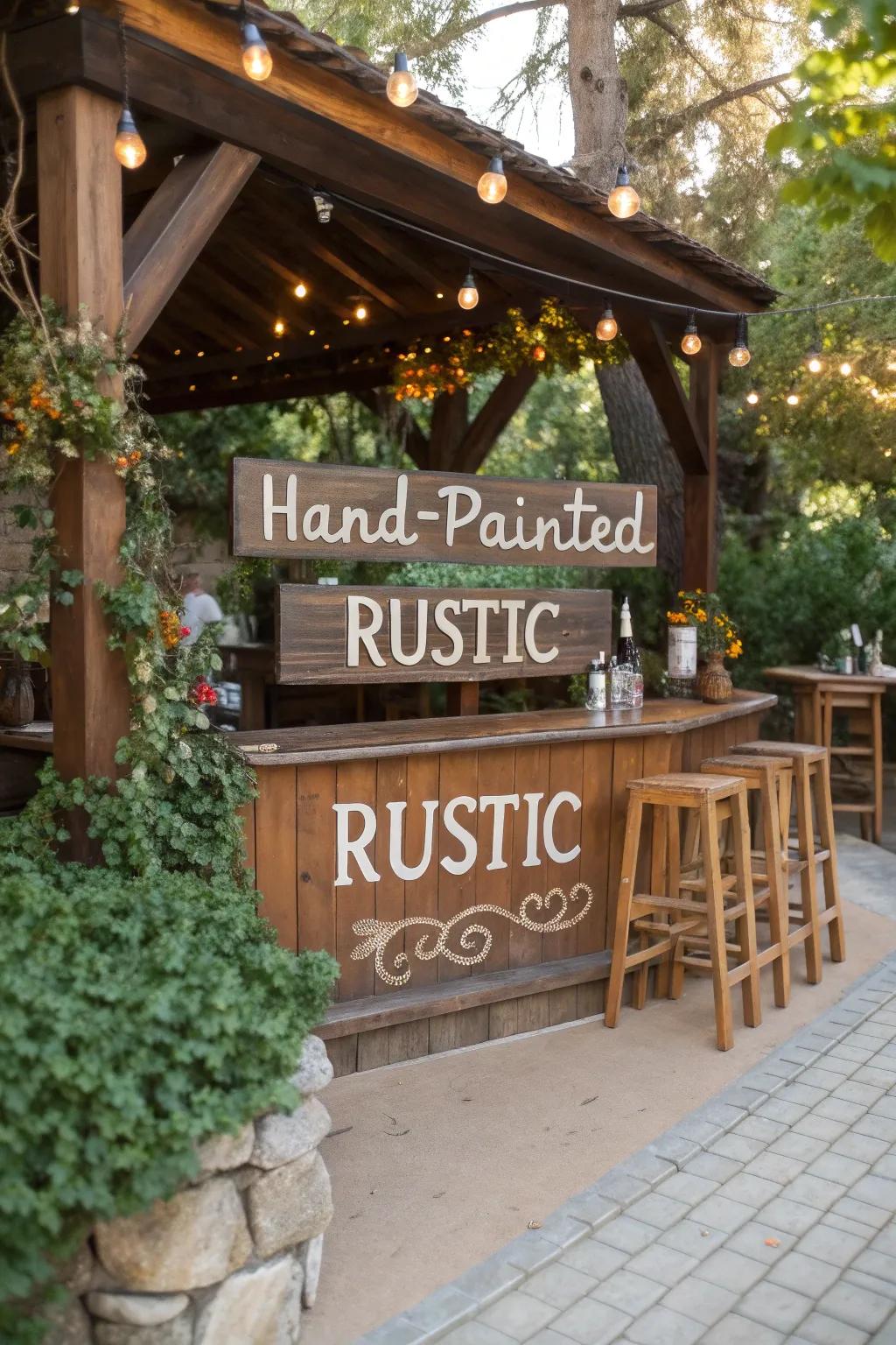 Handcrafted rustic bar signs add warmth and character to your outdoor space.