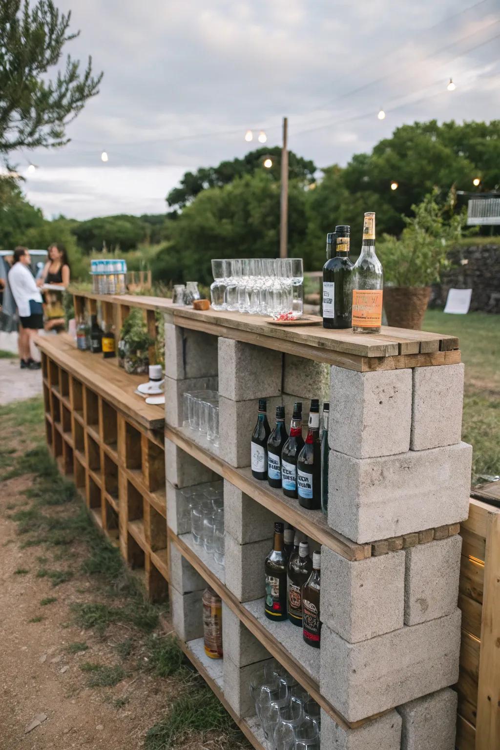 Build durable shelving with cinder blocks and wood planks for an economical bar solution.