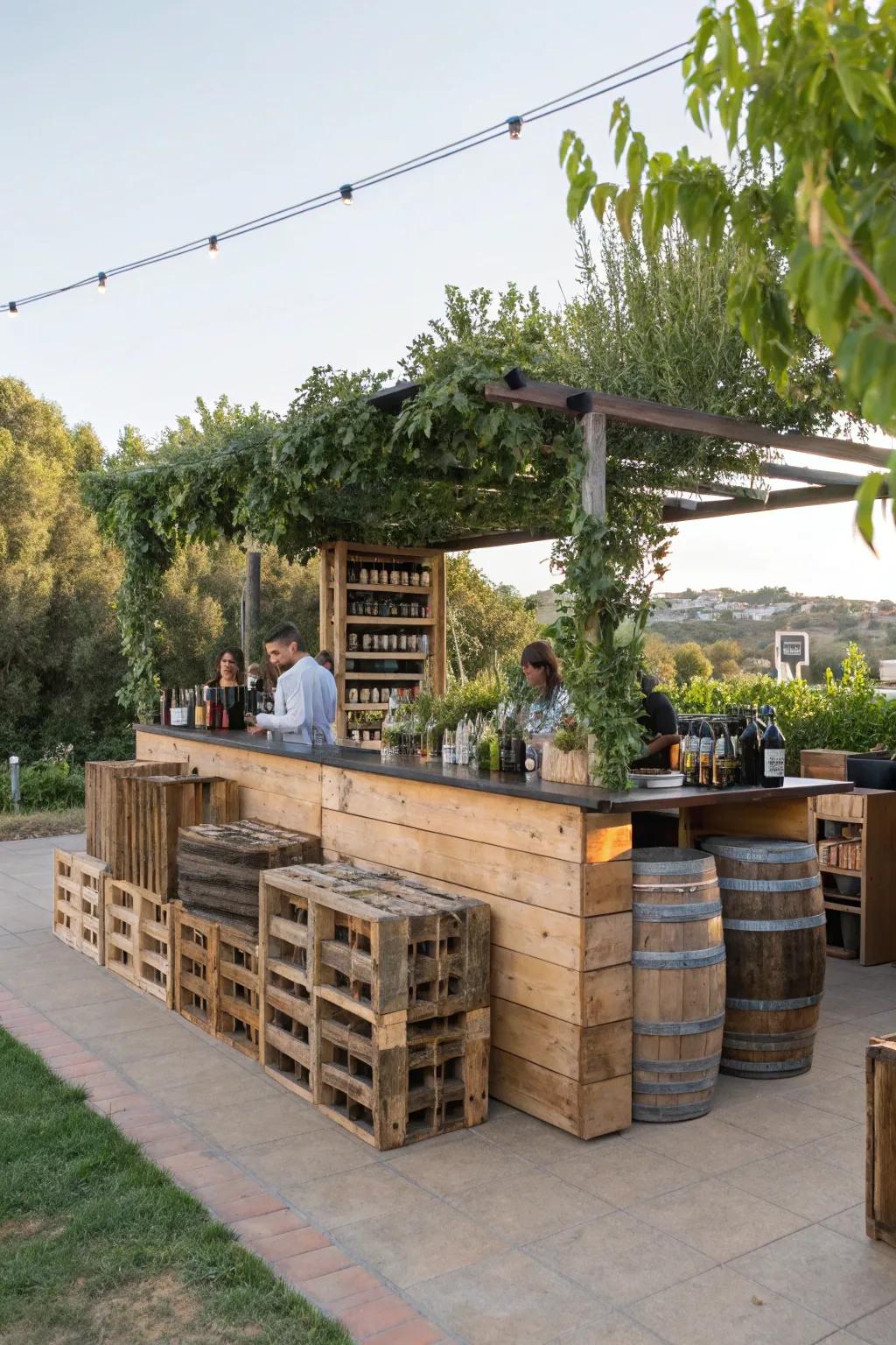 Using recycled materials adds character and sustainability to your outdoor bar.