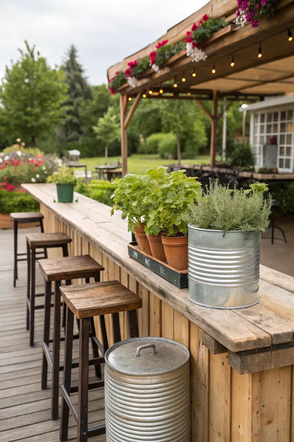 Repurposed containers make charming planters to grow fresh cocktail ingredients.