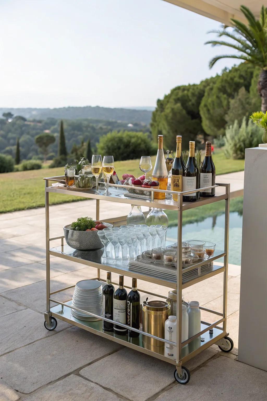 A movable bar cart boosts both convenience and flexibility in outdoor entertaining.