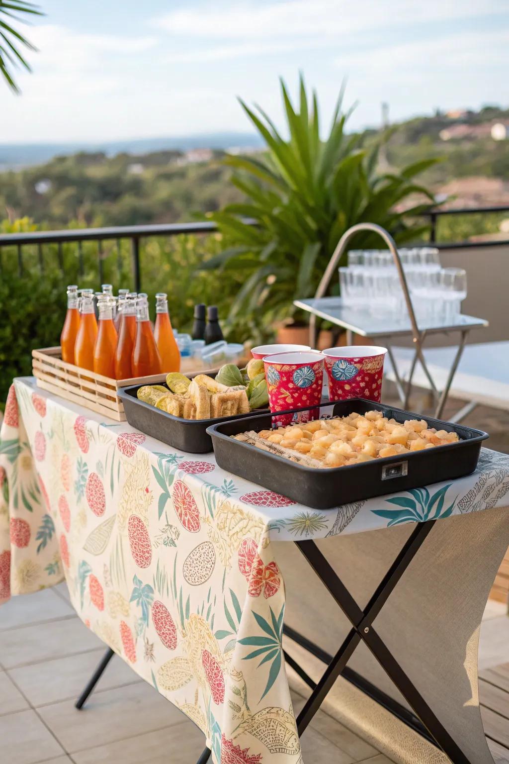 A folding table quickly converts into an elegant bar station when needed.
