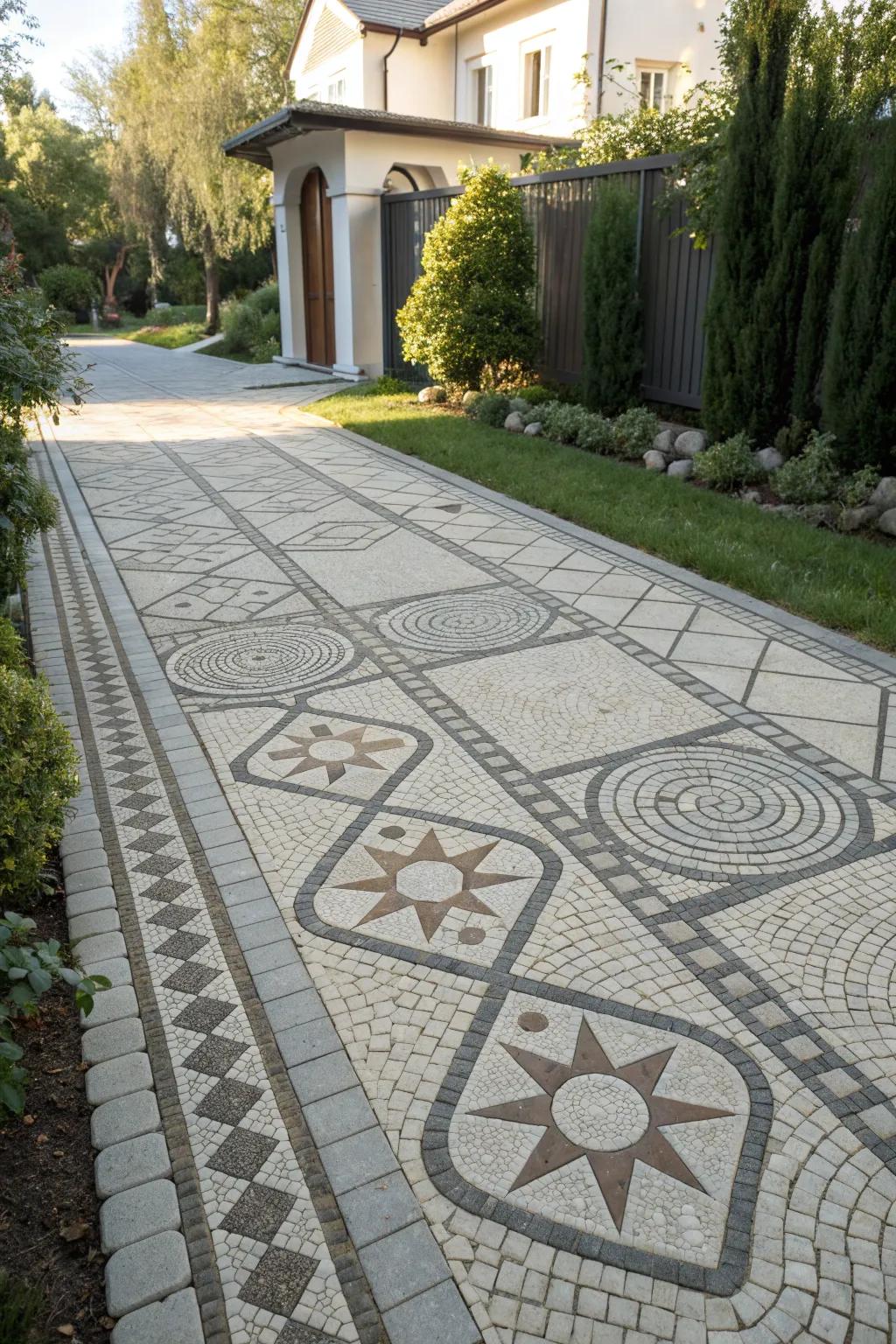 A driveway boasting intricate geometric patterns.