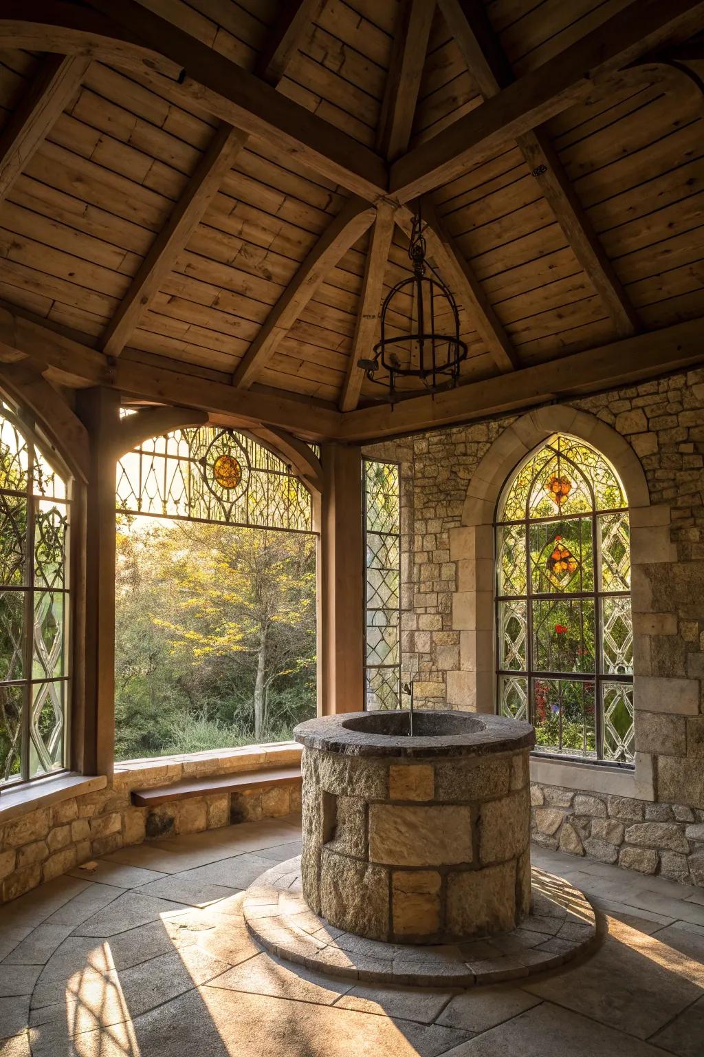 Decorative windows brighten and beautify this well house.