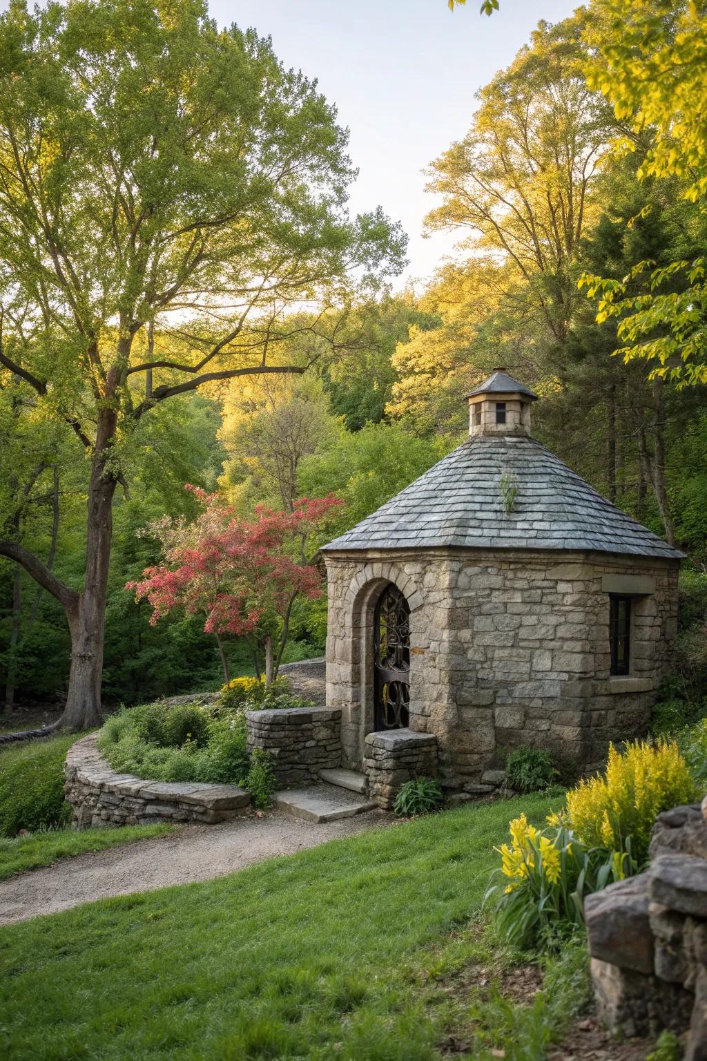 A well house constructed with sturdy and elegant stone.