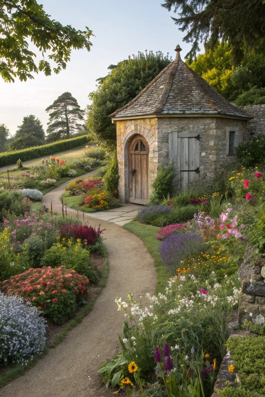 Well house embraced by a charming cottage garden filled with vibrant blooms.