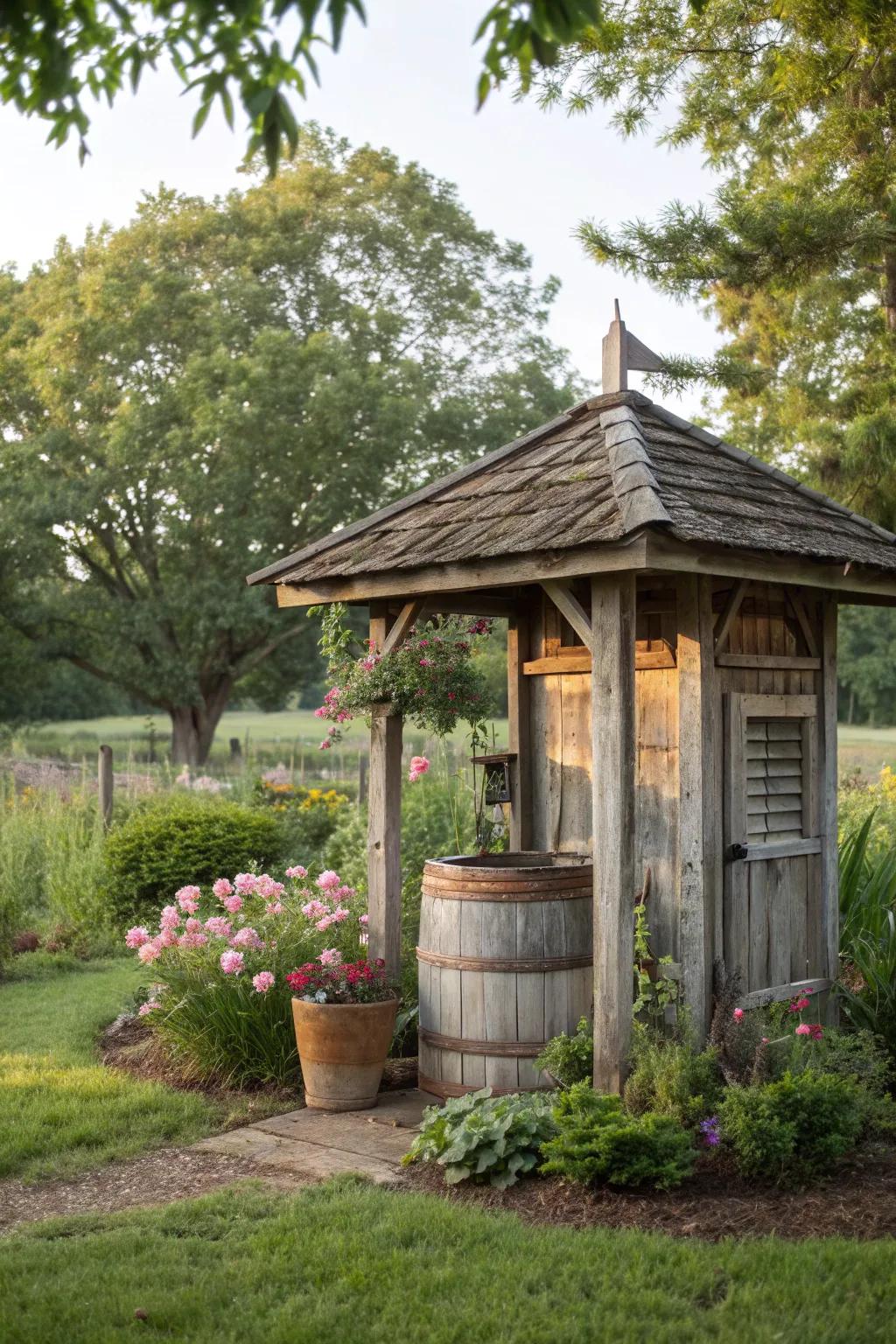 Well house featuring rustic wood siding, blending vintage aesthetics with nature.