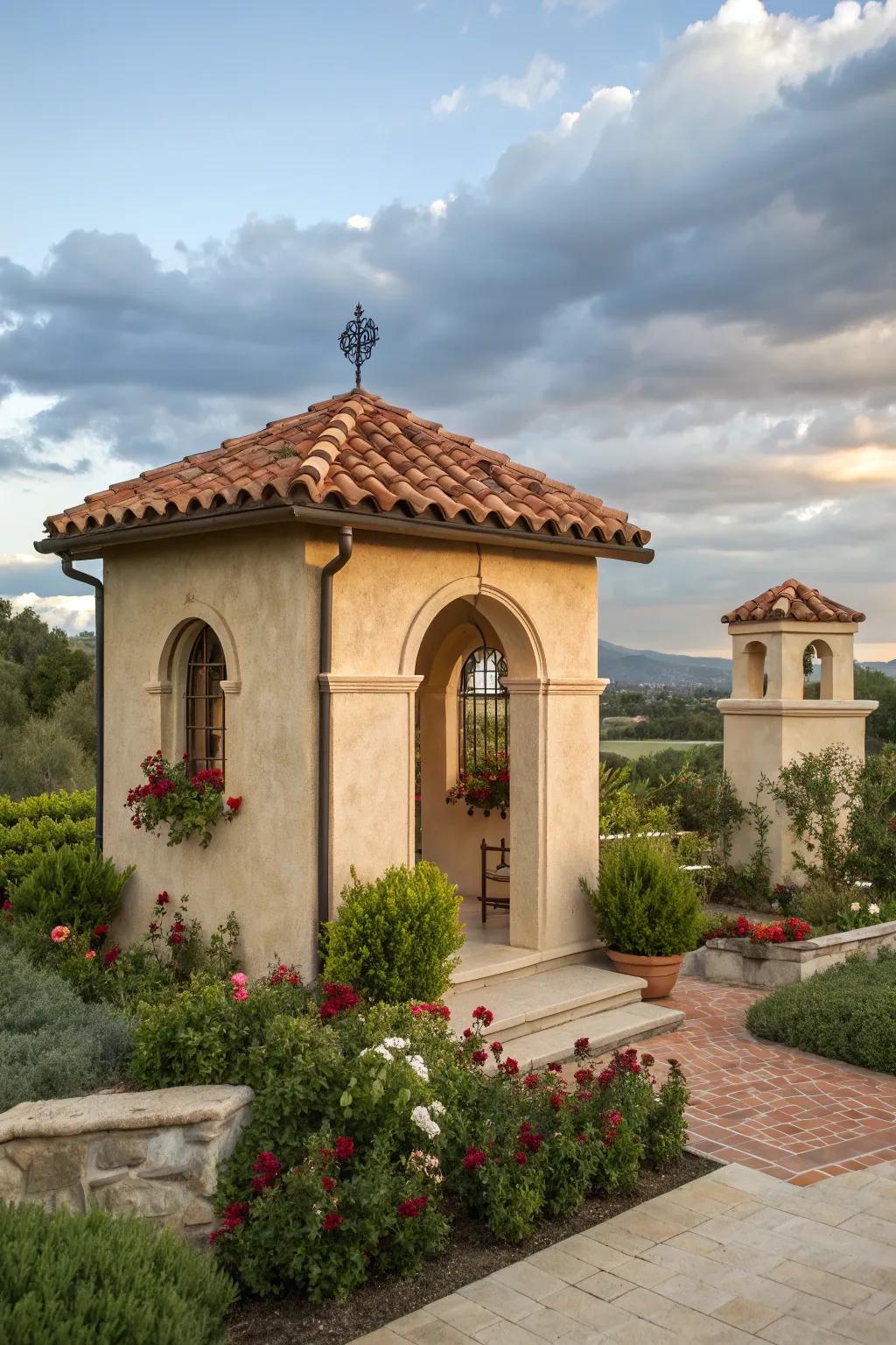 A well house reflecting Mediterranean influences with stucco and tiled roof.