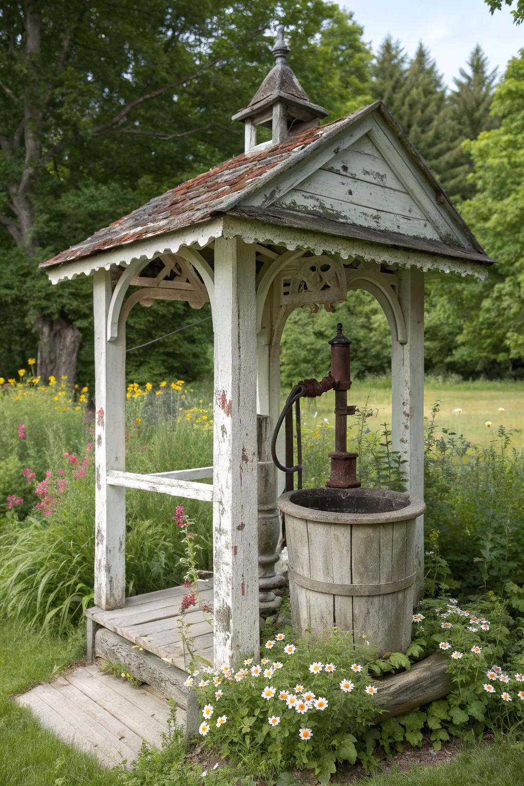 Well house styled with nostalgic vintage aesthetics and antique features.