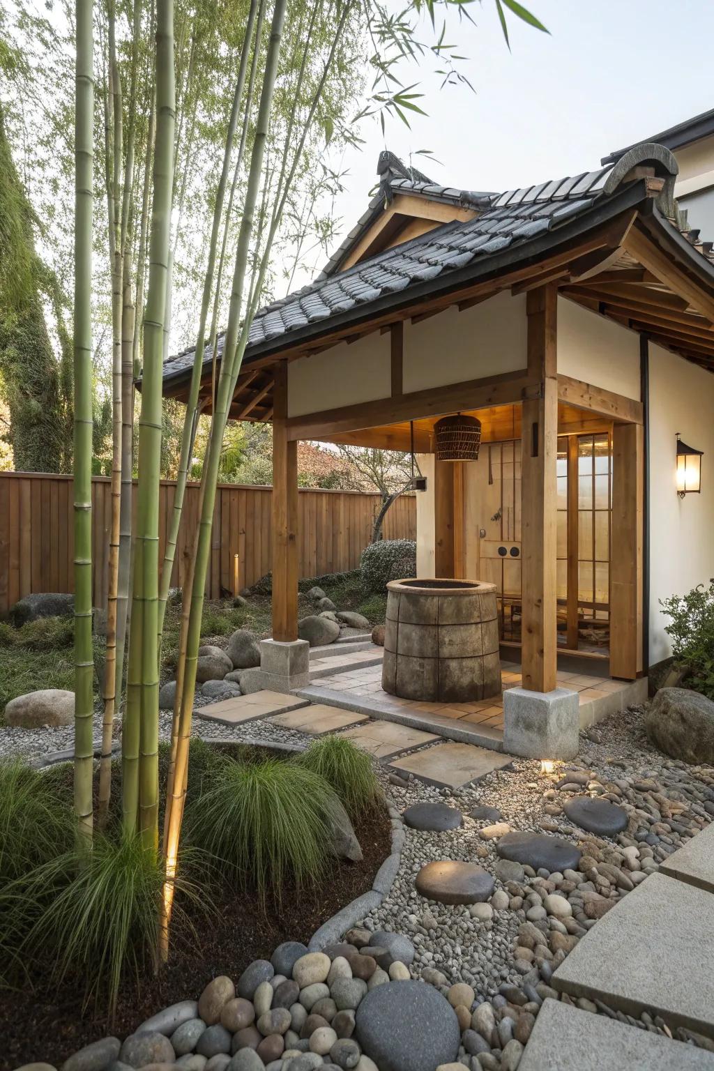 A peaceful Japanese Zen well house promoting relaxation.