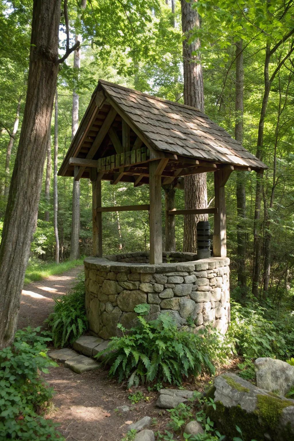 Well house gracefully integrated into natural surroundings using organic materials.