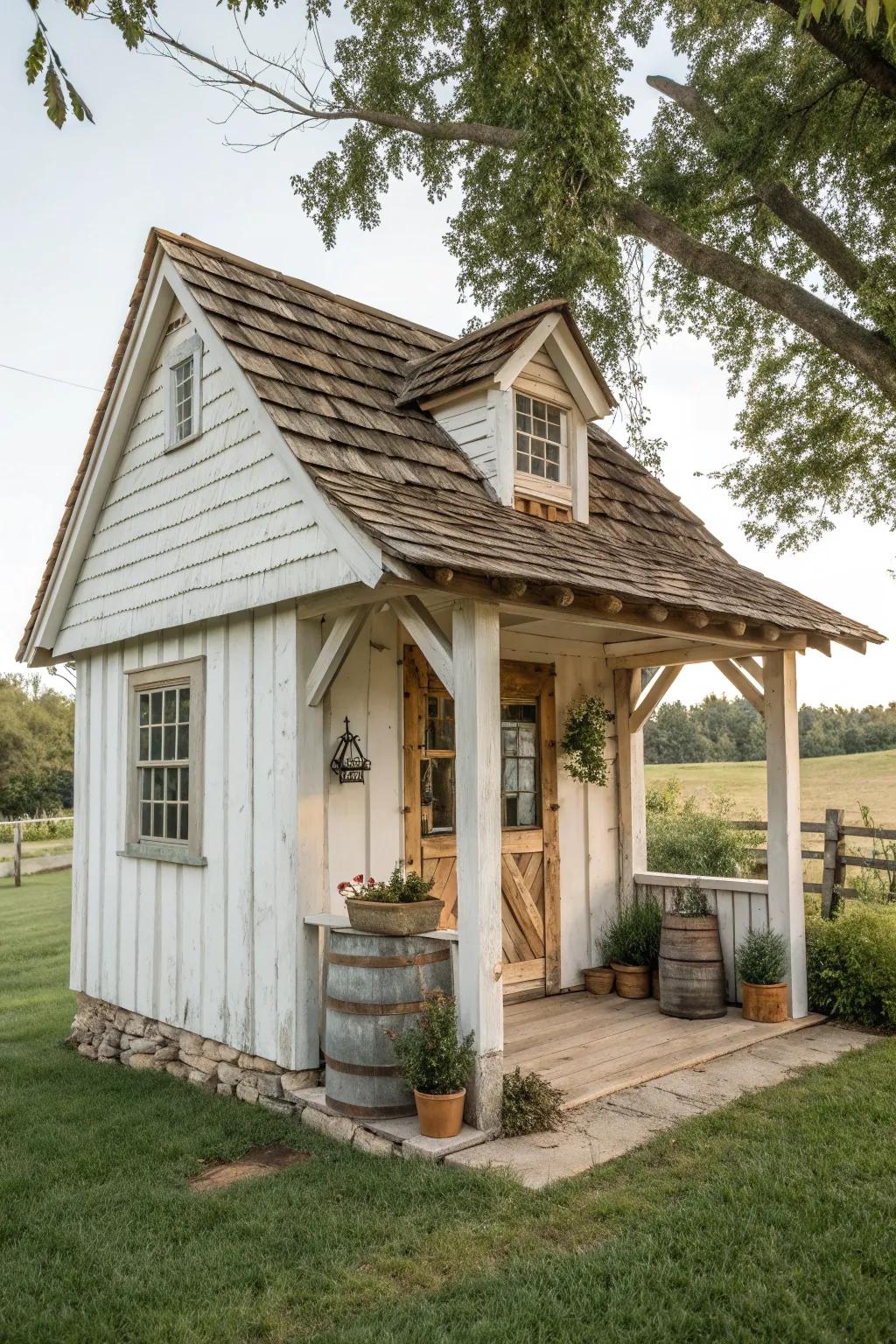 Classic farmhouse-inspired well house emphasizing warmth and timelessness.