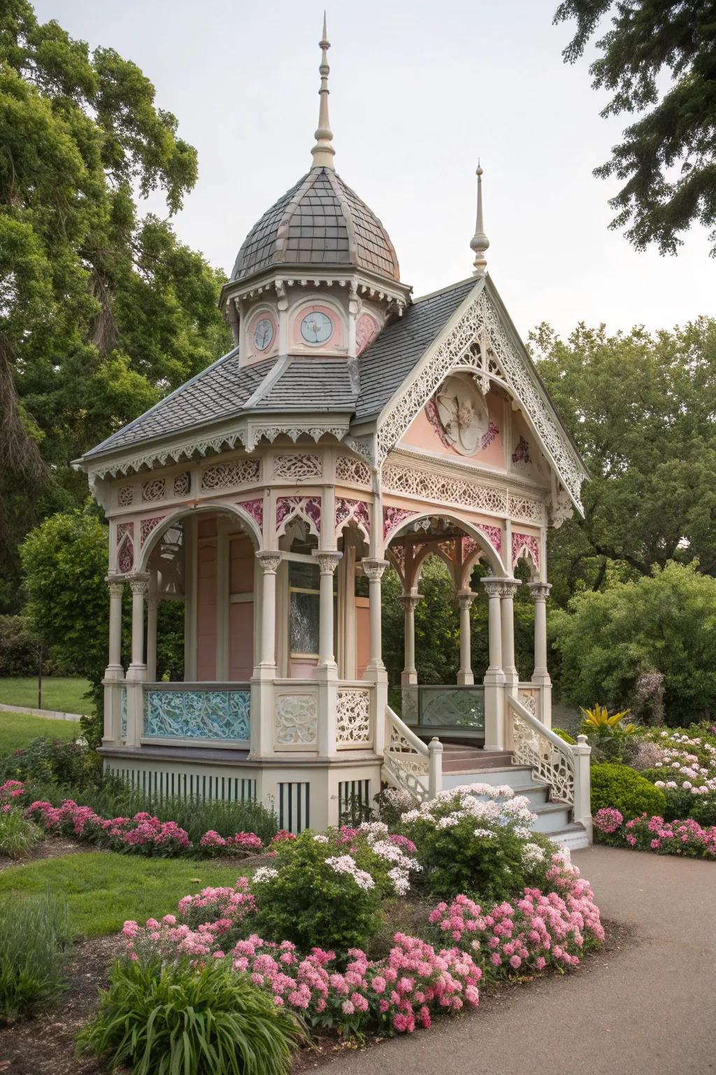 Elegant Victorian-style well house showcasing ornate details and charm.