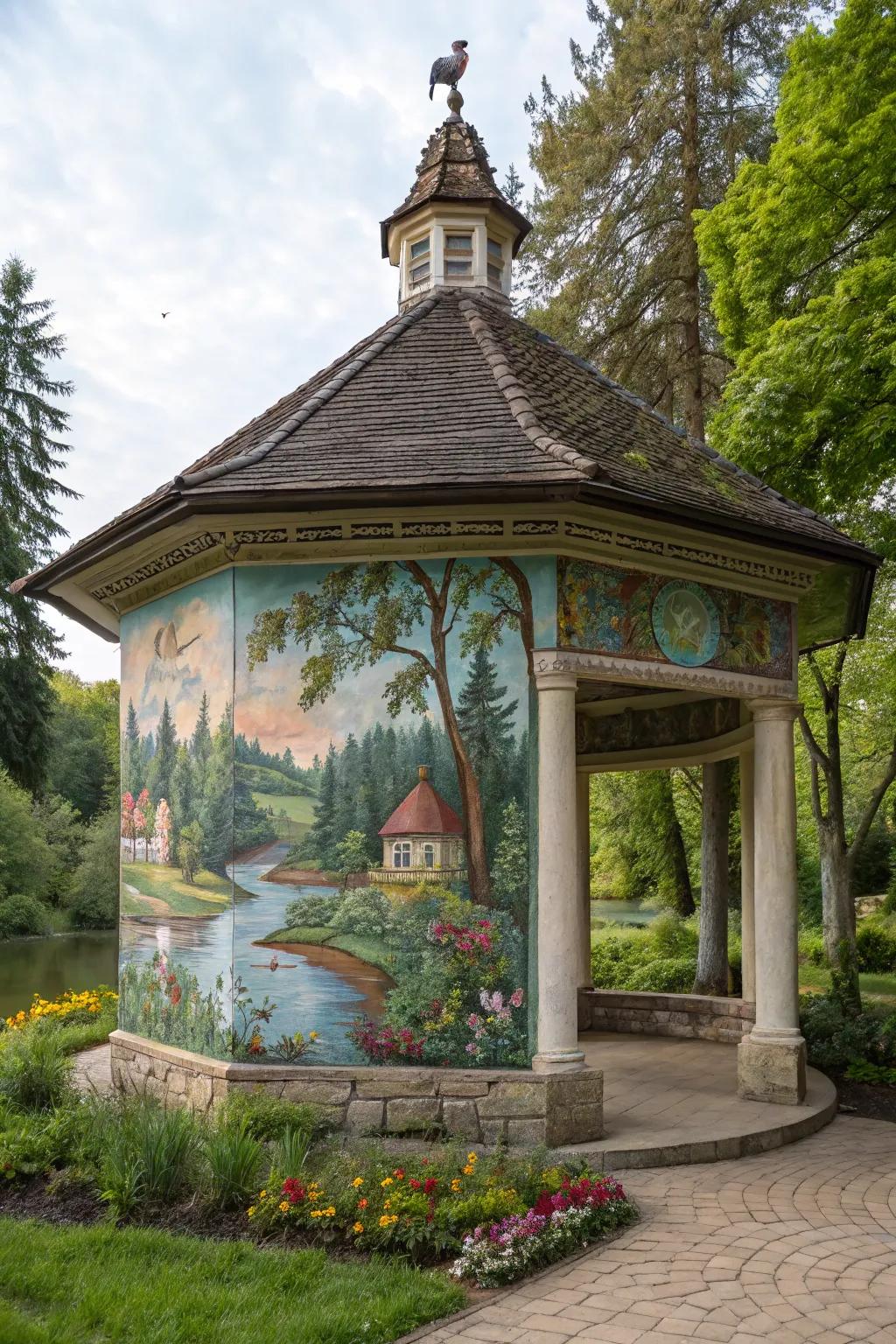 A well house decorated with a colorful artistic mural expressing unique character.