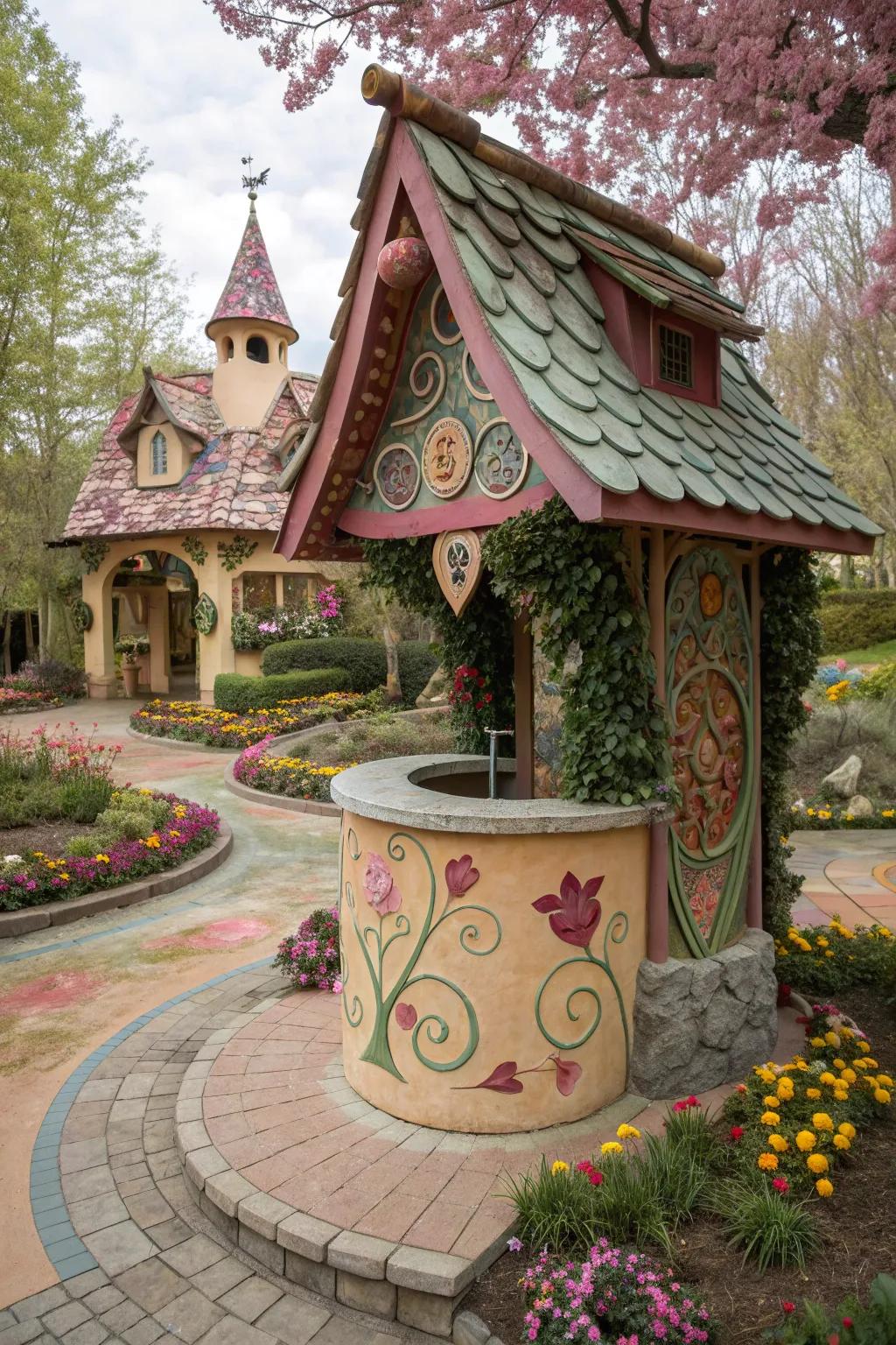 Fairy tale-inspired well house with playful, enchanting details.