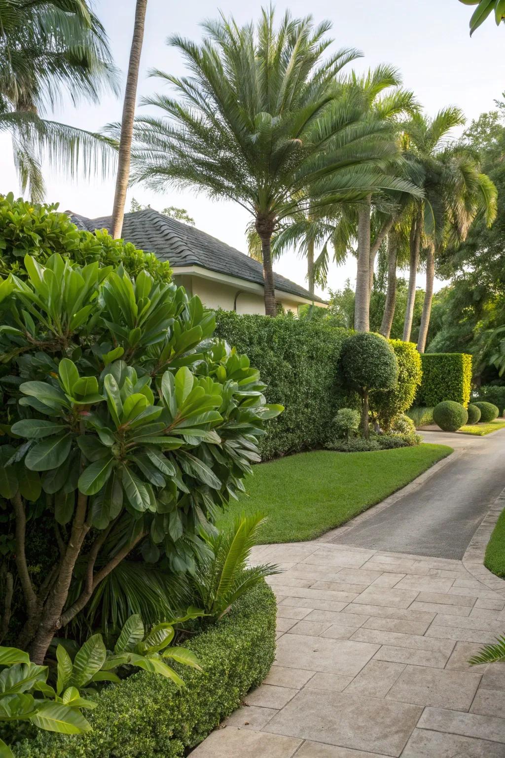 Evergreen tropical plants like Green Island Ficus offer year-round greenery and low maintenance.