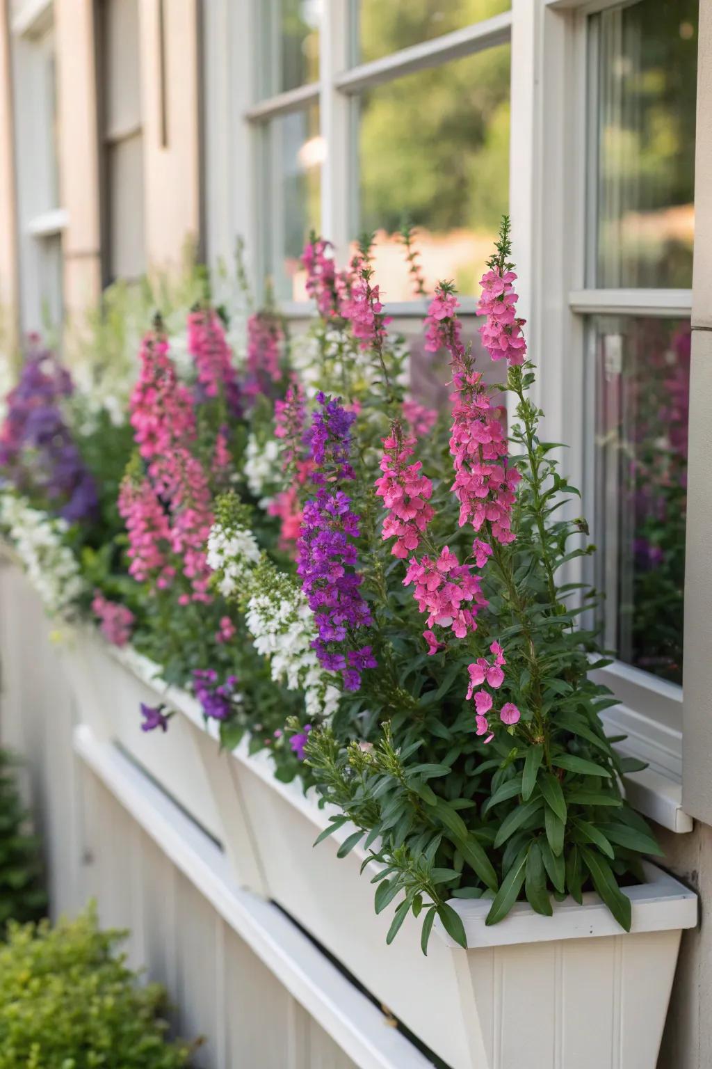 Angelonia adds vertical interest to sunny window boxes with its flower spikes.