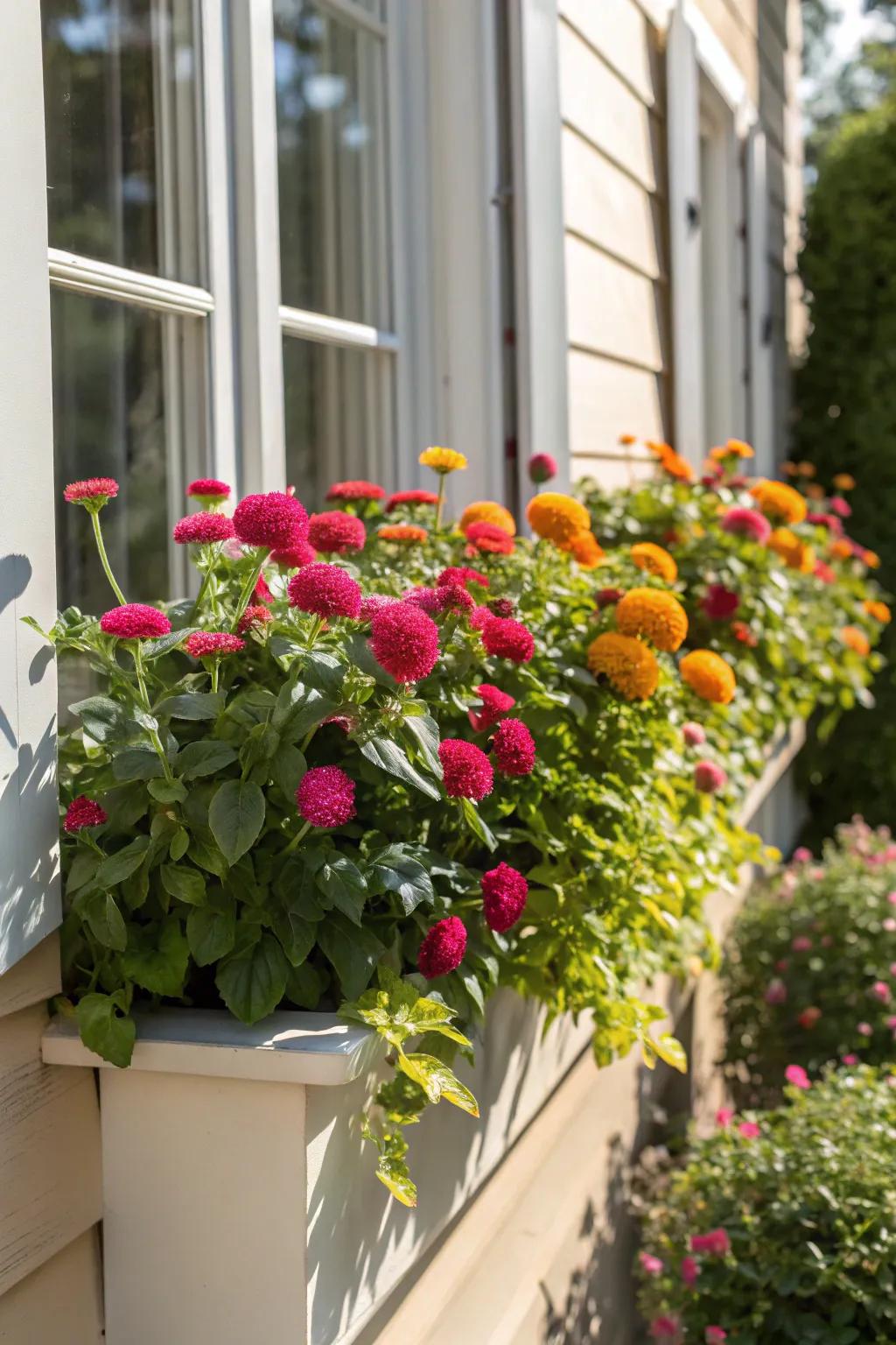 Globe Amaranth offers long-lasting blooms and playful texture in sunny window boxes.
