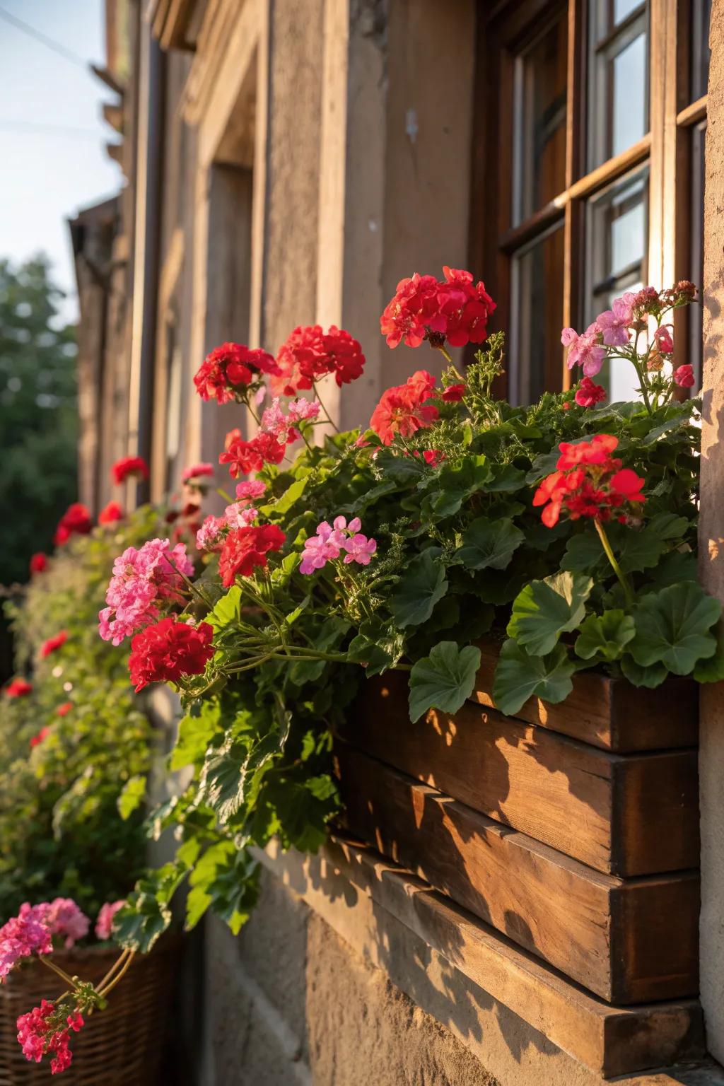 Classic geraniums bring timeless beauty to sunny window boxes.