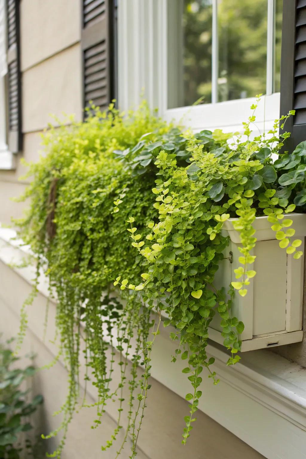 Creeping Jenny offers a vibrant lime green contrast in sunny window boxes.