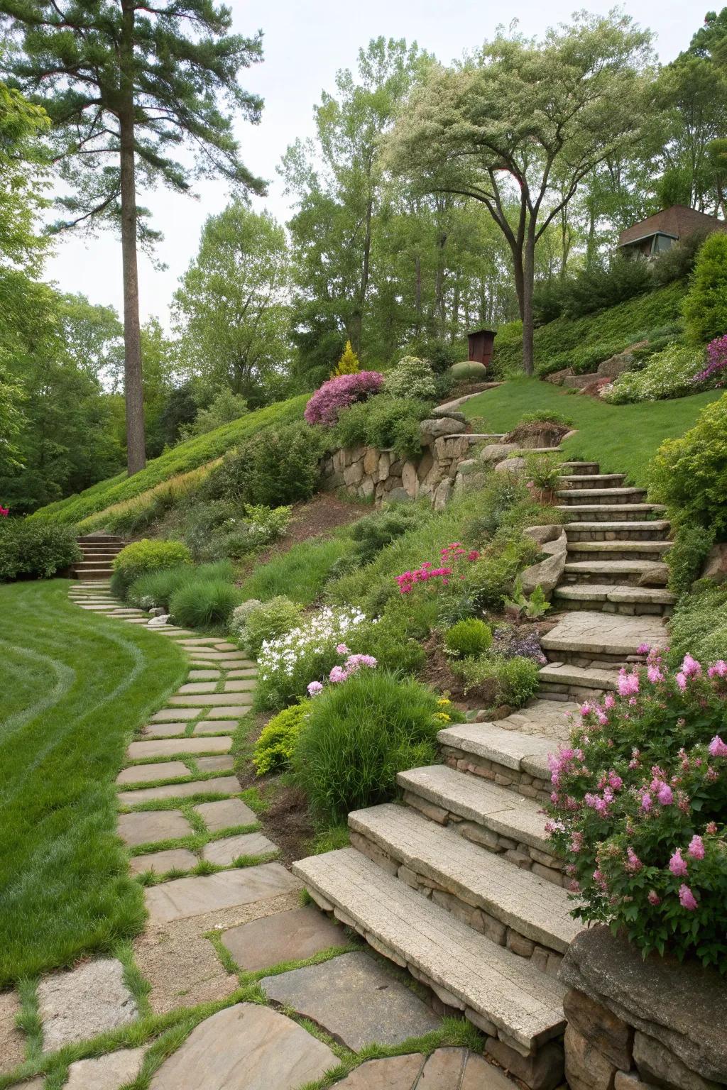 Pathways and steps make hillside navigation both practical and beautiful.