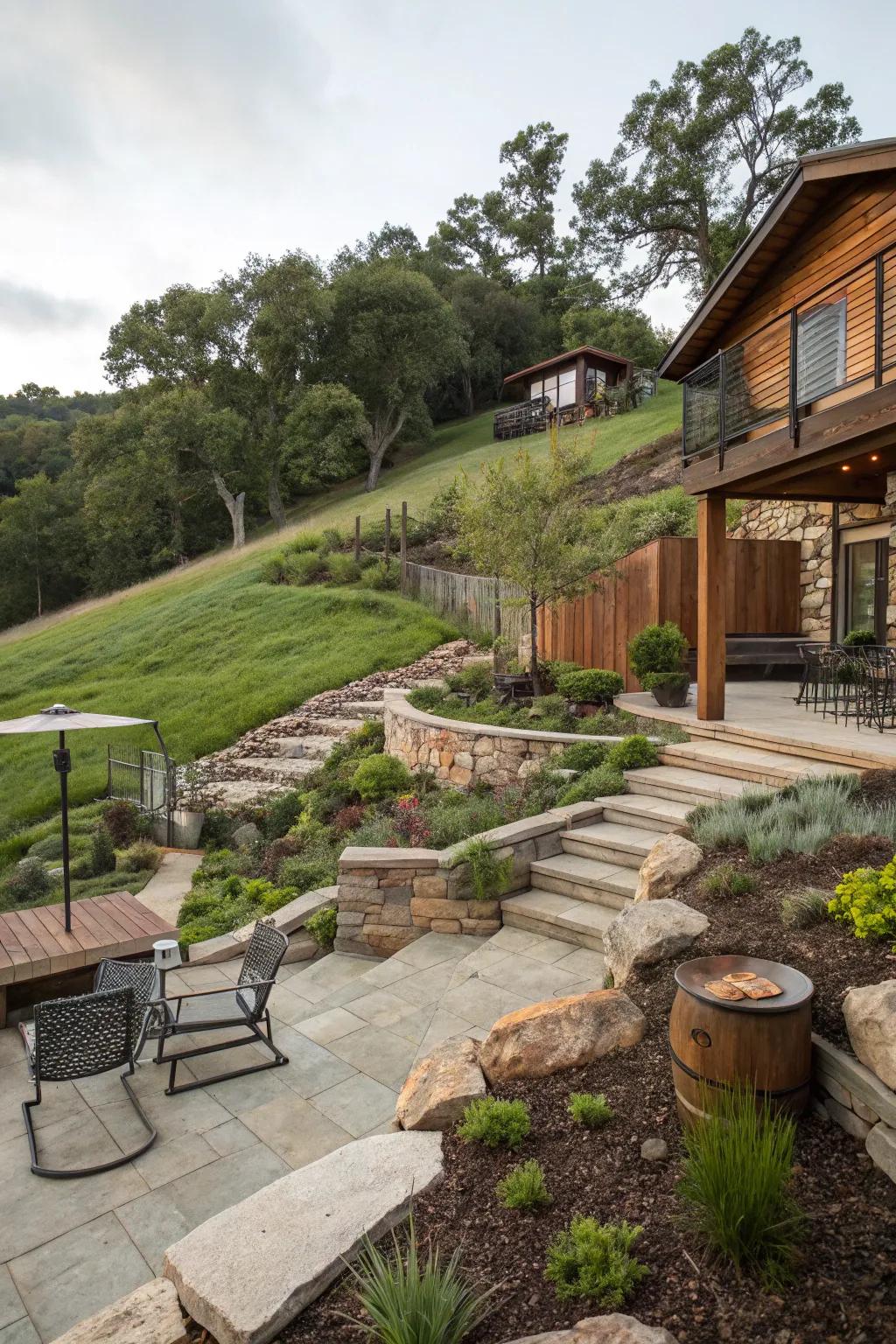 Mixed materials create a dynamic and visually interesting hillside.