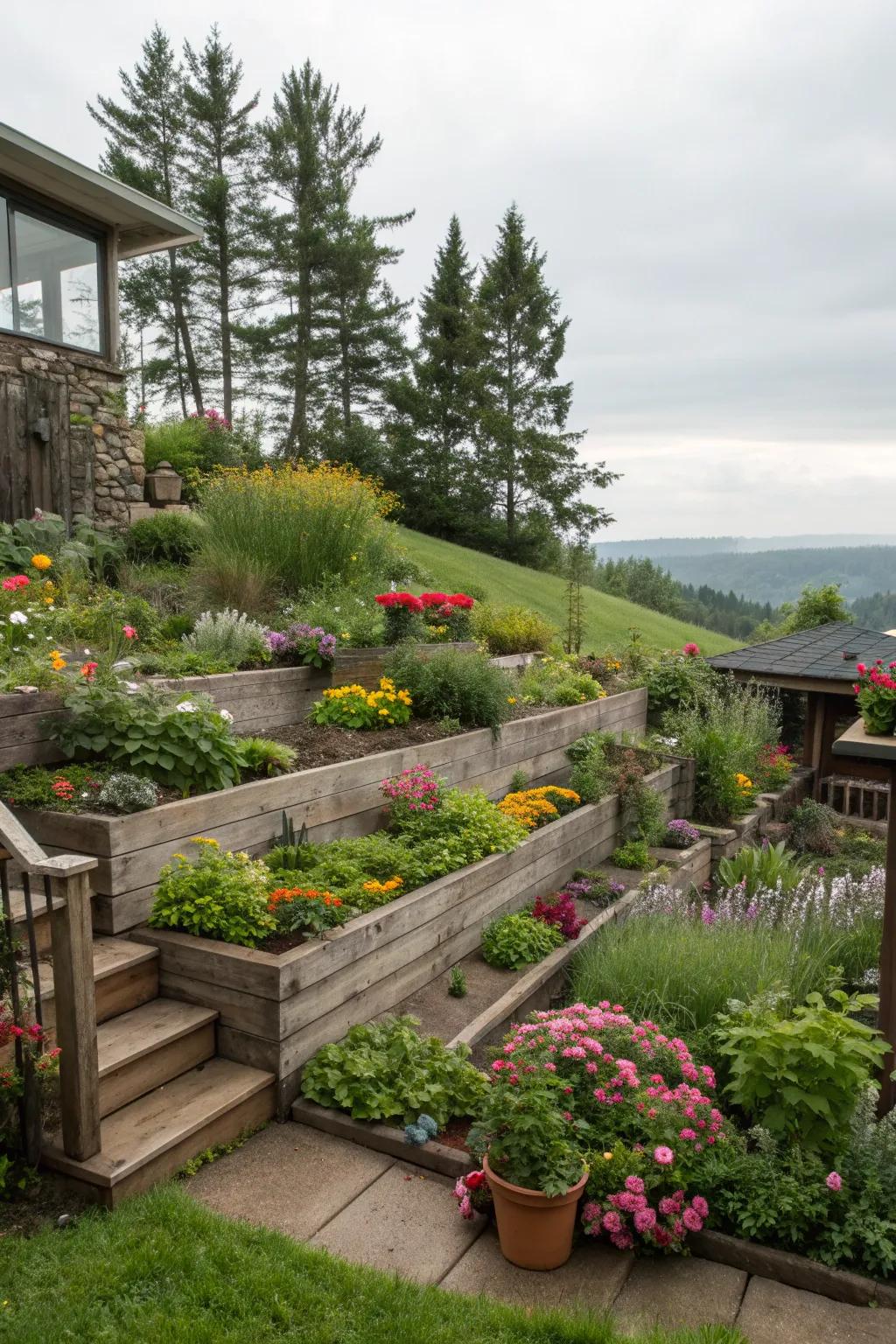 Terraced gardens transform a slope into a multi-level paradise.