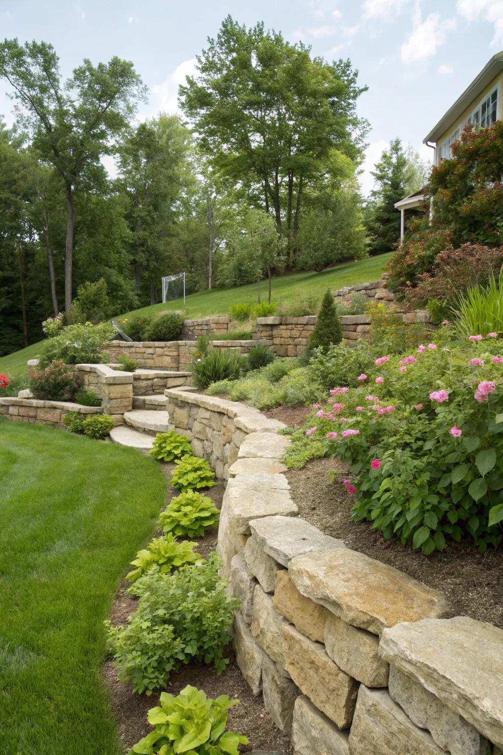 Stone walls provide stability and charm to a sloped landscape.