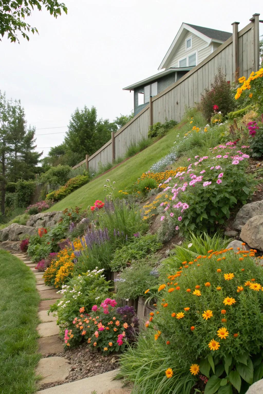 A splash of color brings life and vibrancy to a hillside garden.