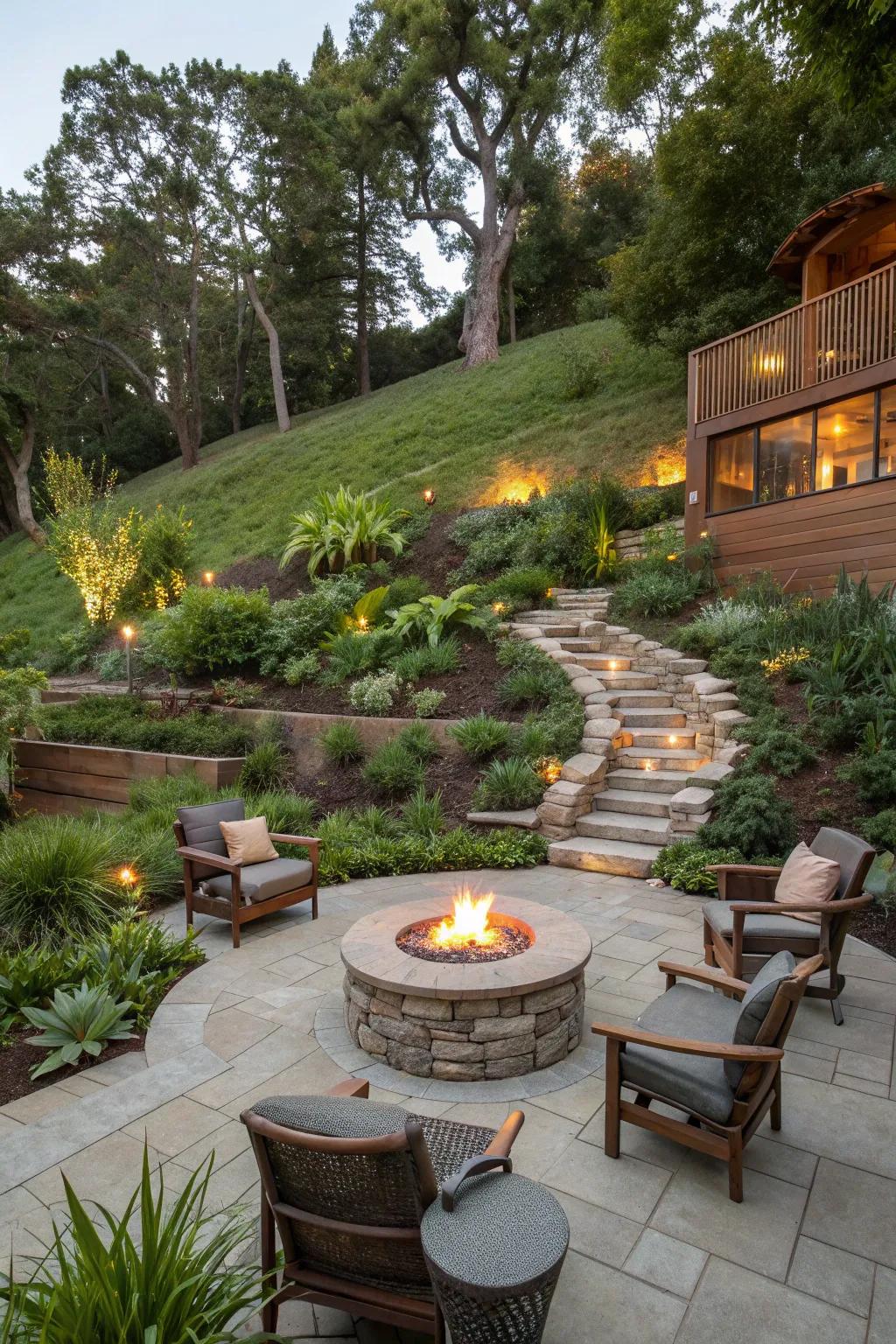 A fire pit transforms a slope into a warm, inviting gathering space.