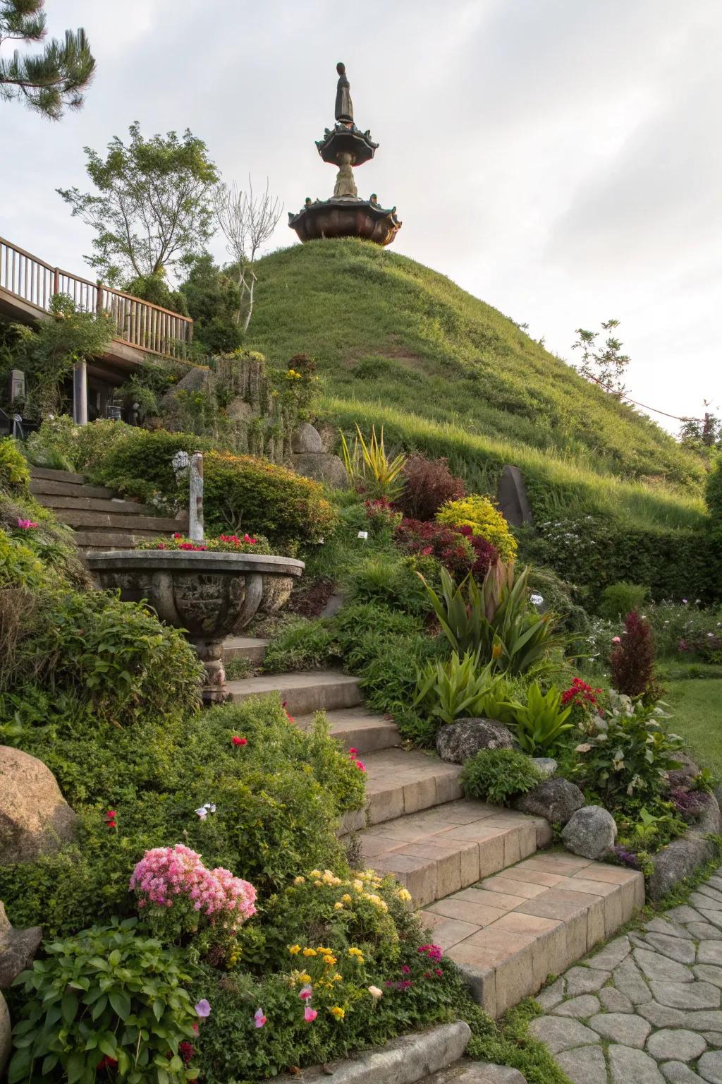 A sculpture adds an artistic flair to a hillside garden.