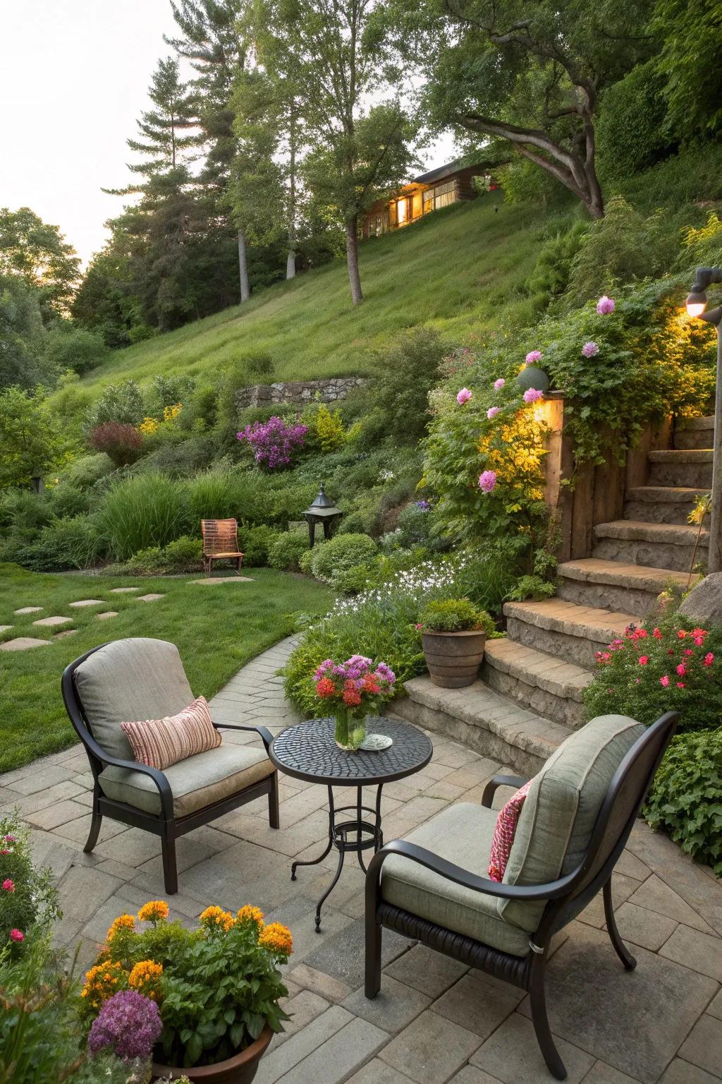 A cozy seating area offers a perfect spot to unwind and enjoy the view.