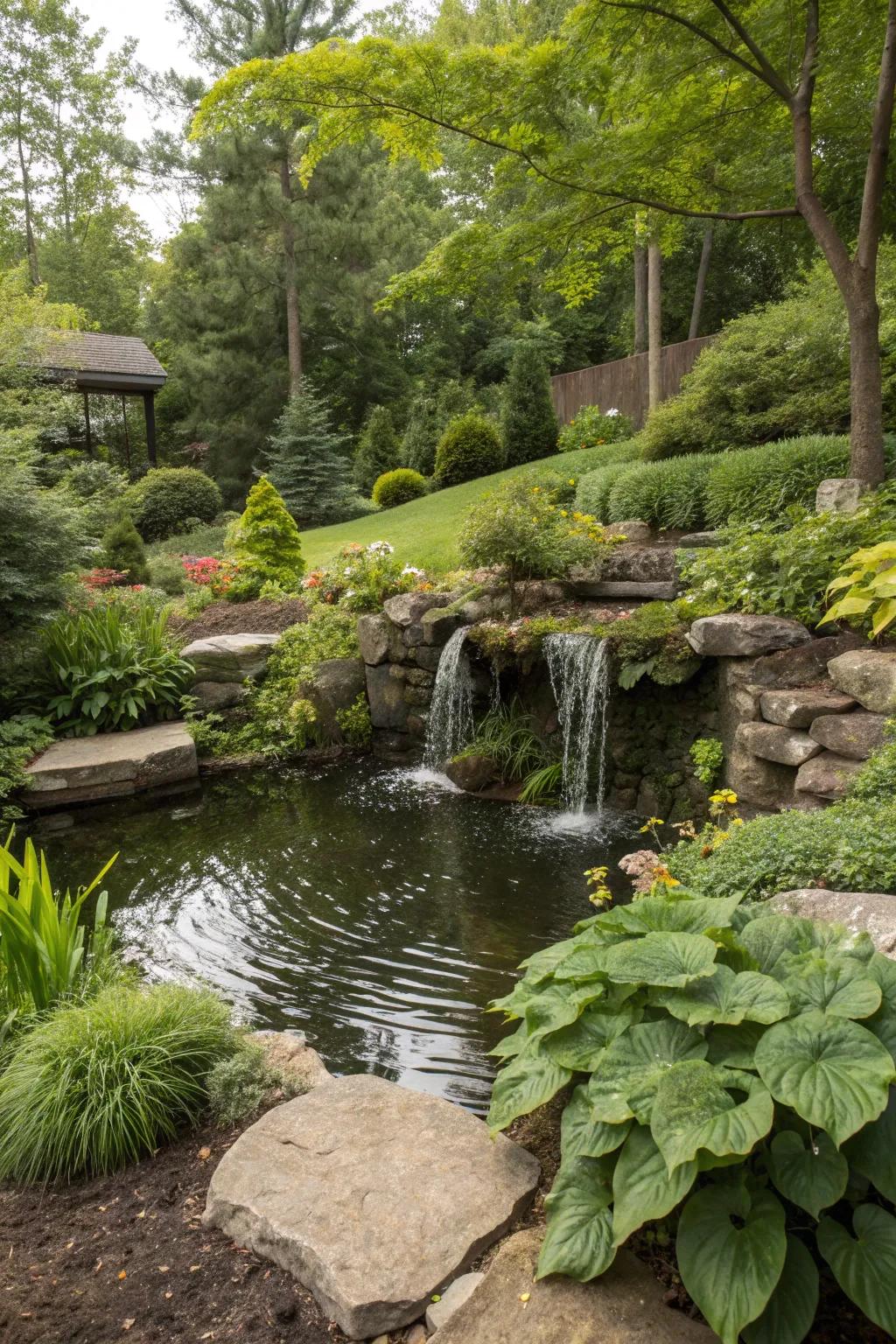 A cascading waterfall adds tranquility and beauty to a sloped garden.